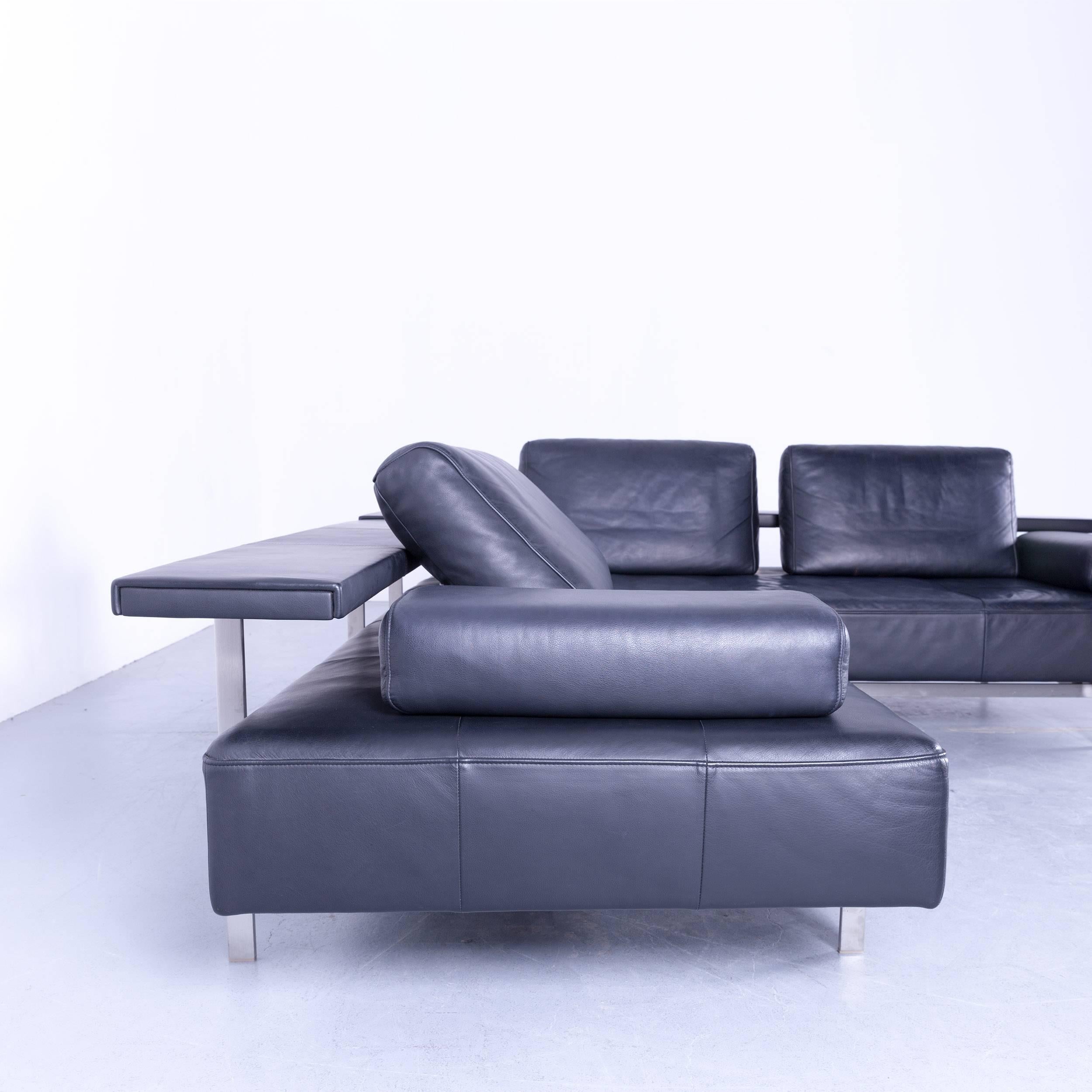 German Rolf Benz Dono Designer Corner Sofa Set Footstool Dark Blue Leather Couch Modern