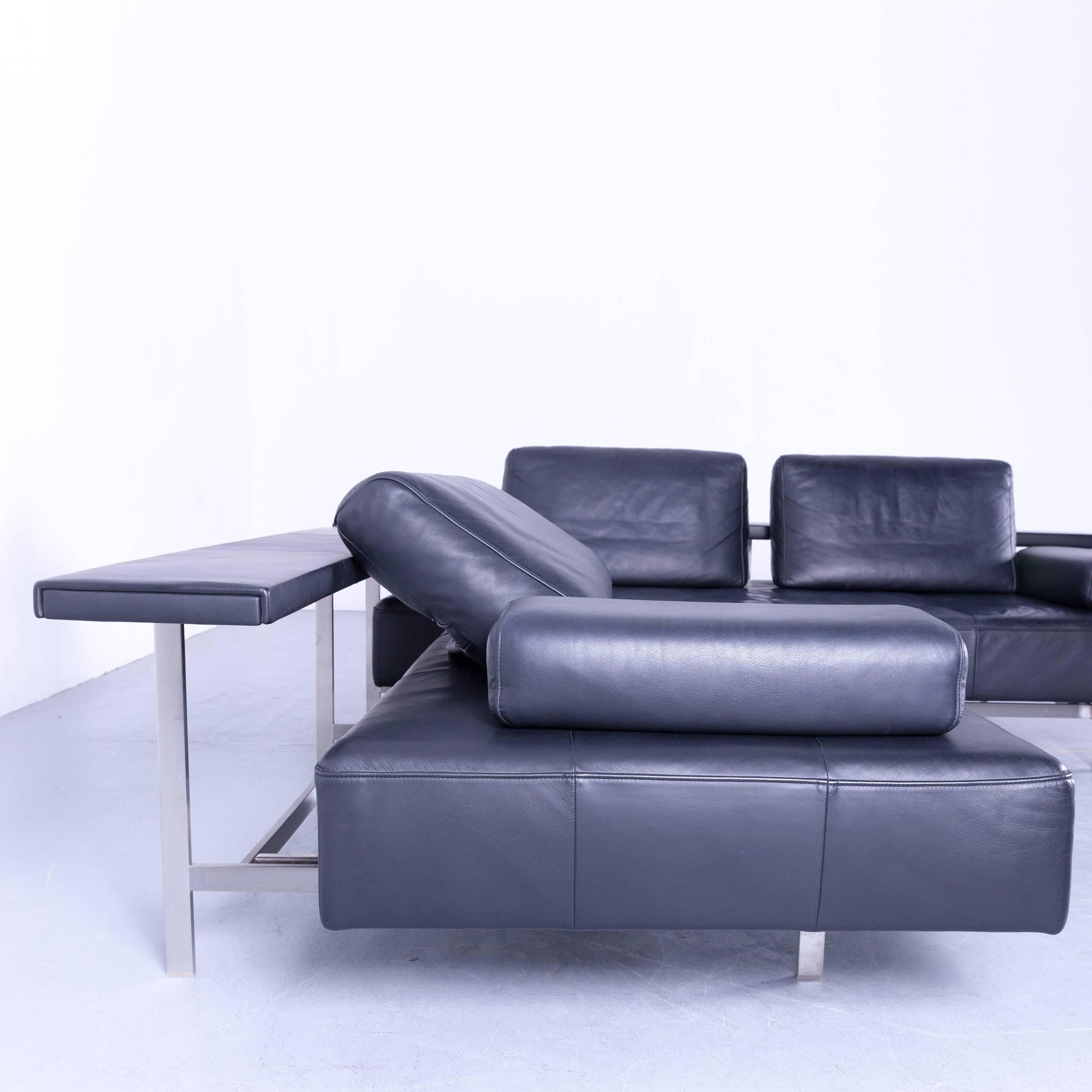 Rolf Benz Dono Designer Corner Sofa Set Footstool Dark Blue Leather Couch Modern In Good Condition In Cologne, DE