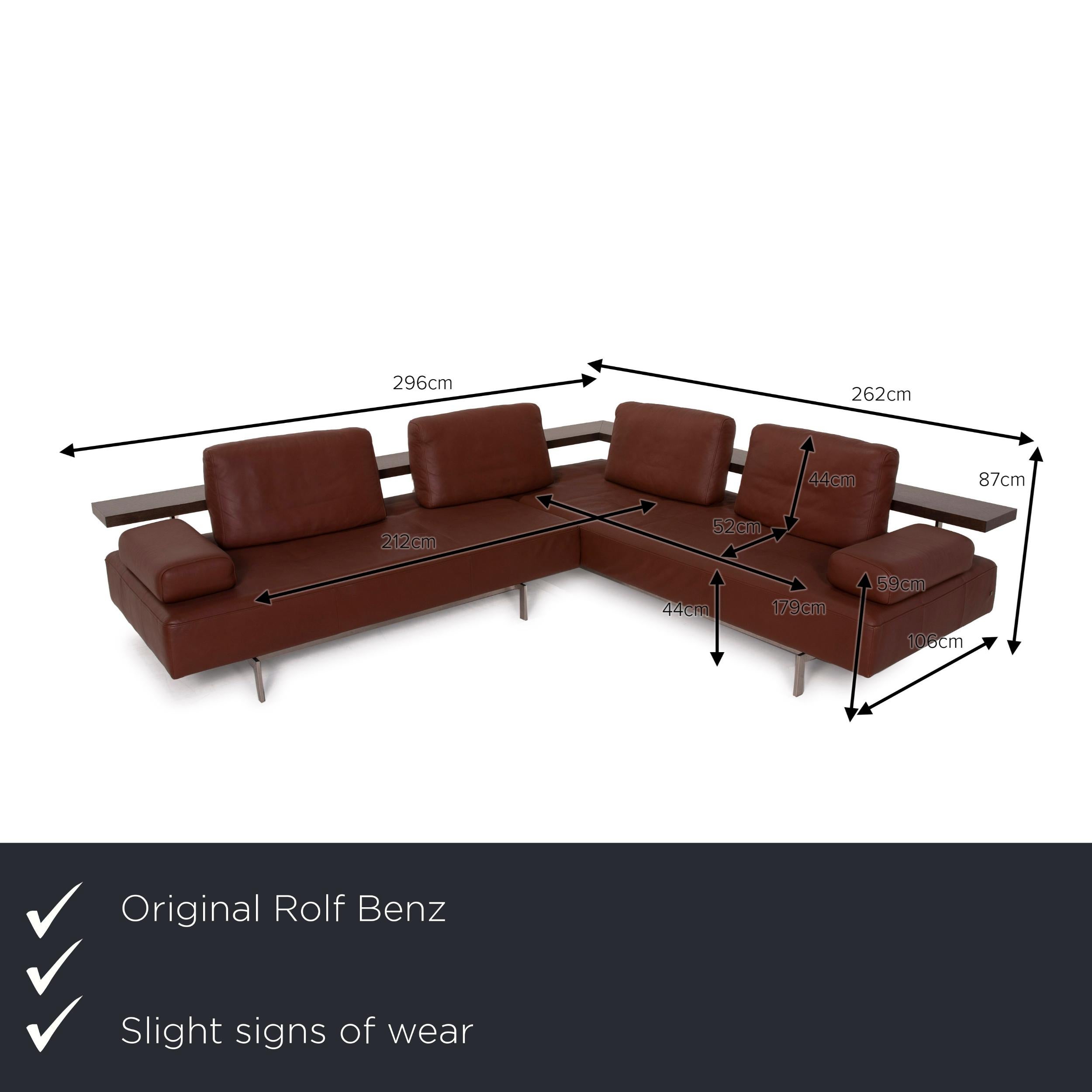 We present to you a Rolf Benz Dono leather sofa brown corner sofa.
 
 

 Product measurements in centimeters:
 

Depth: 106
Width: 296
Height: 87
Seat height: 44
Rest height: 59
Seat depth: 52
Seat width: 212
Back height: 44.