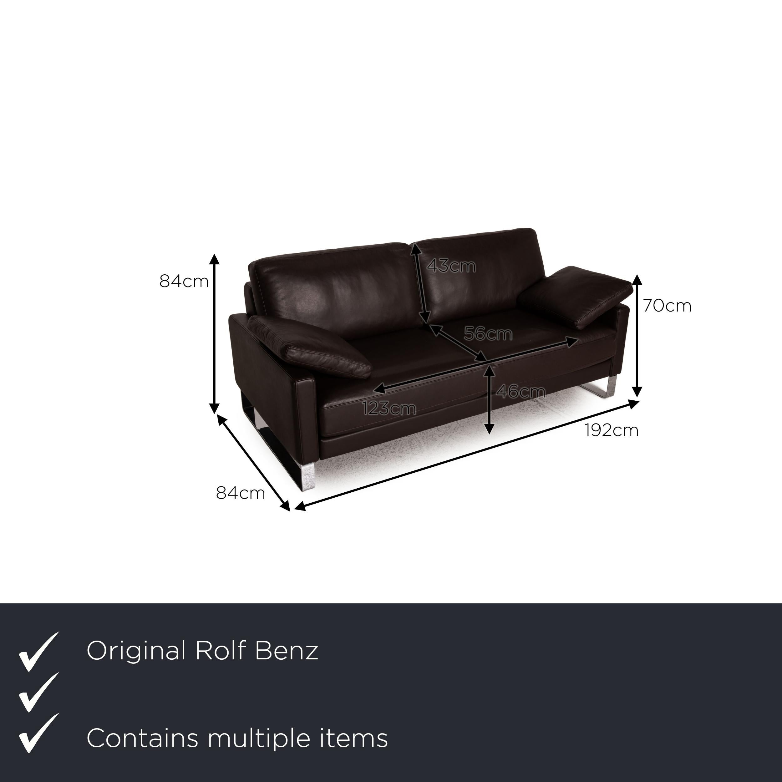 We present to you a Rolf Benz Ego leather sofa set dark brown two-seater 2x armchairs couch.

Product measurements in centimeters:

depth: 97
width: 192
height: 84
seat height: 46
rest height: 70
seat depth: 56
seat width: 123
back