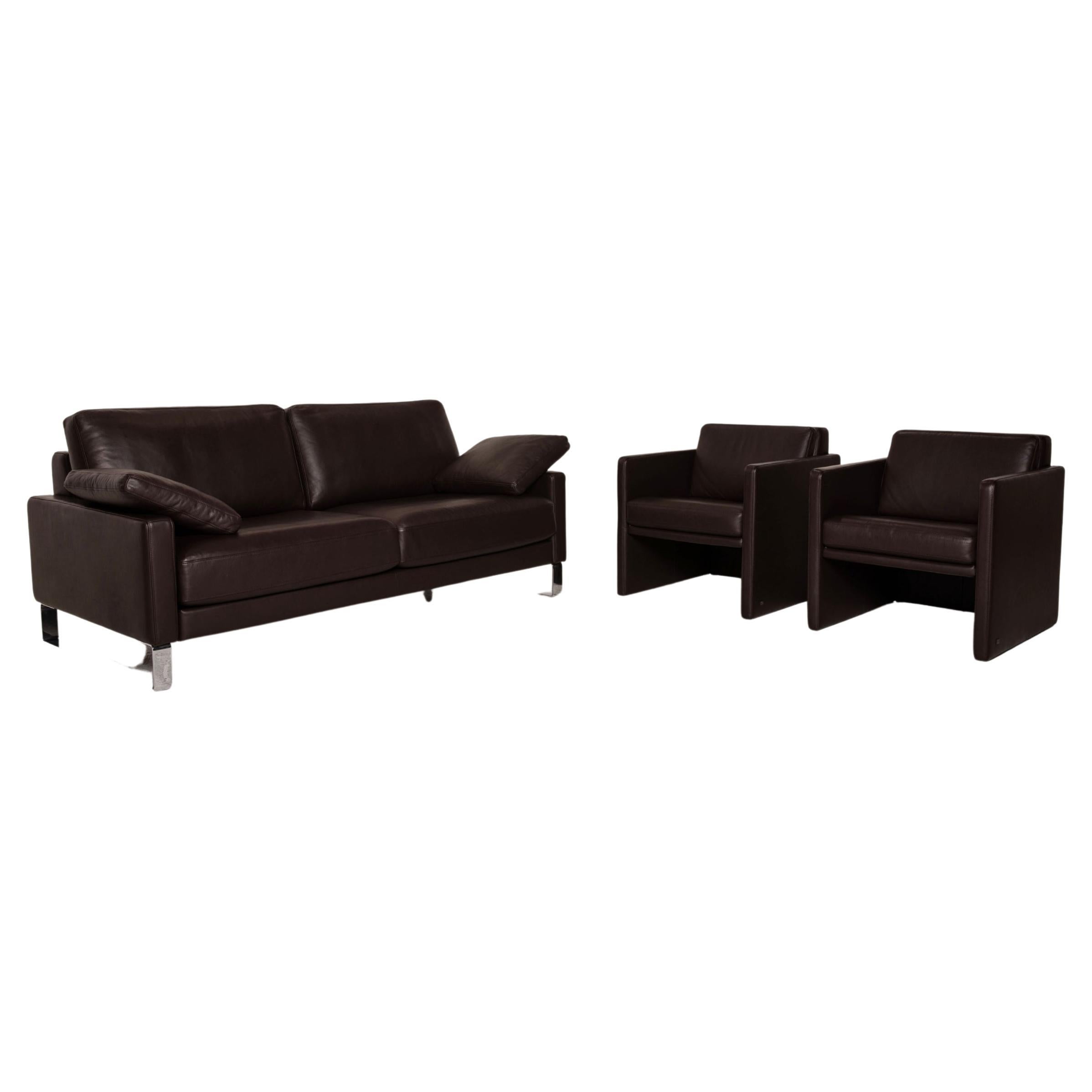 Rolf Benz Ego Leather Sofa Set Dark Brown Two-Seater 2x Armchairs Couch For Sale