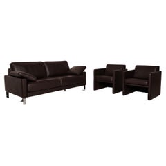 Rolf Benz Ego Leather Sofa Set Dark Brown Two-Seater 2x Armchairs Couch