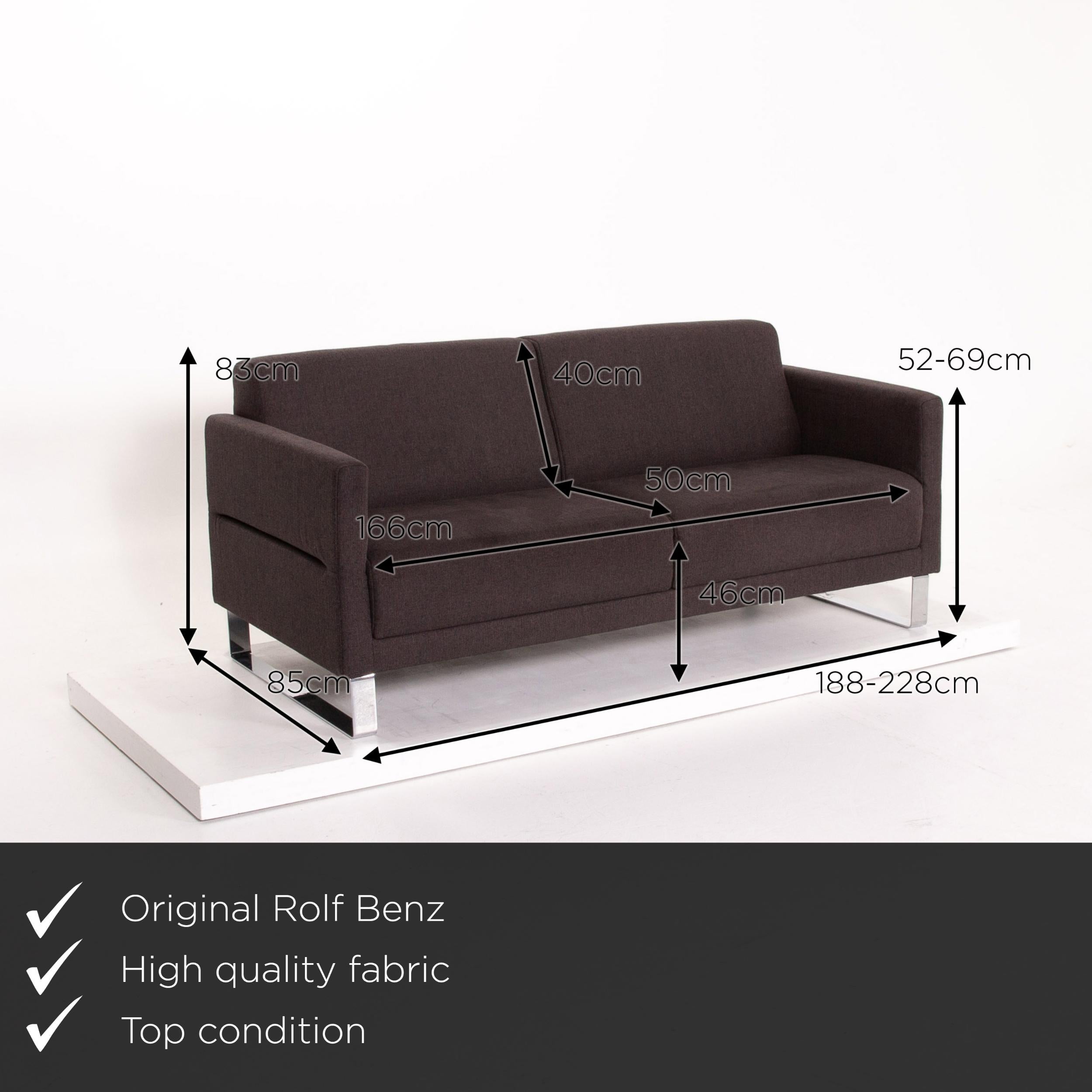 We present to you a Rolf Benz fabric sofa anthracite gray two-seat couch.
   
 

 Product measurements in centimeters:
 

Depth 85
Width 188
Height 83
Seat height 46
Rest height 52
Seat depth 50
Seat width 166
Back height 40.
  