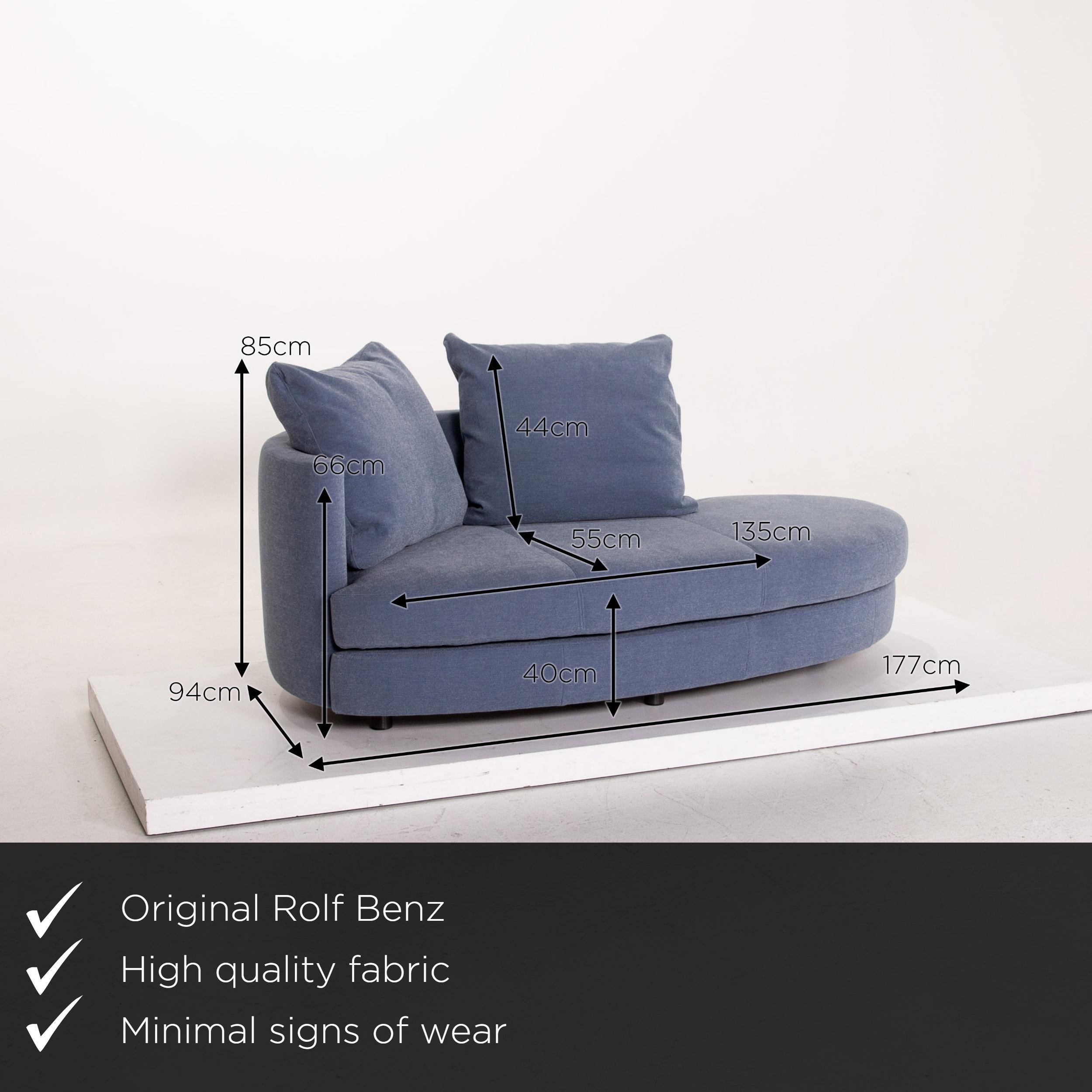 We present to you a Rolf Benz fabric sofa blue two-seat couch.


 Product measurements in centimeters:
 

Depth 94
Width 177
Height 85
Seat height 40
Rest height 66
Seat depth 55
Seat width 135
Back height 44.
 