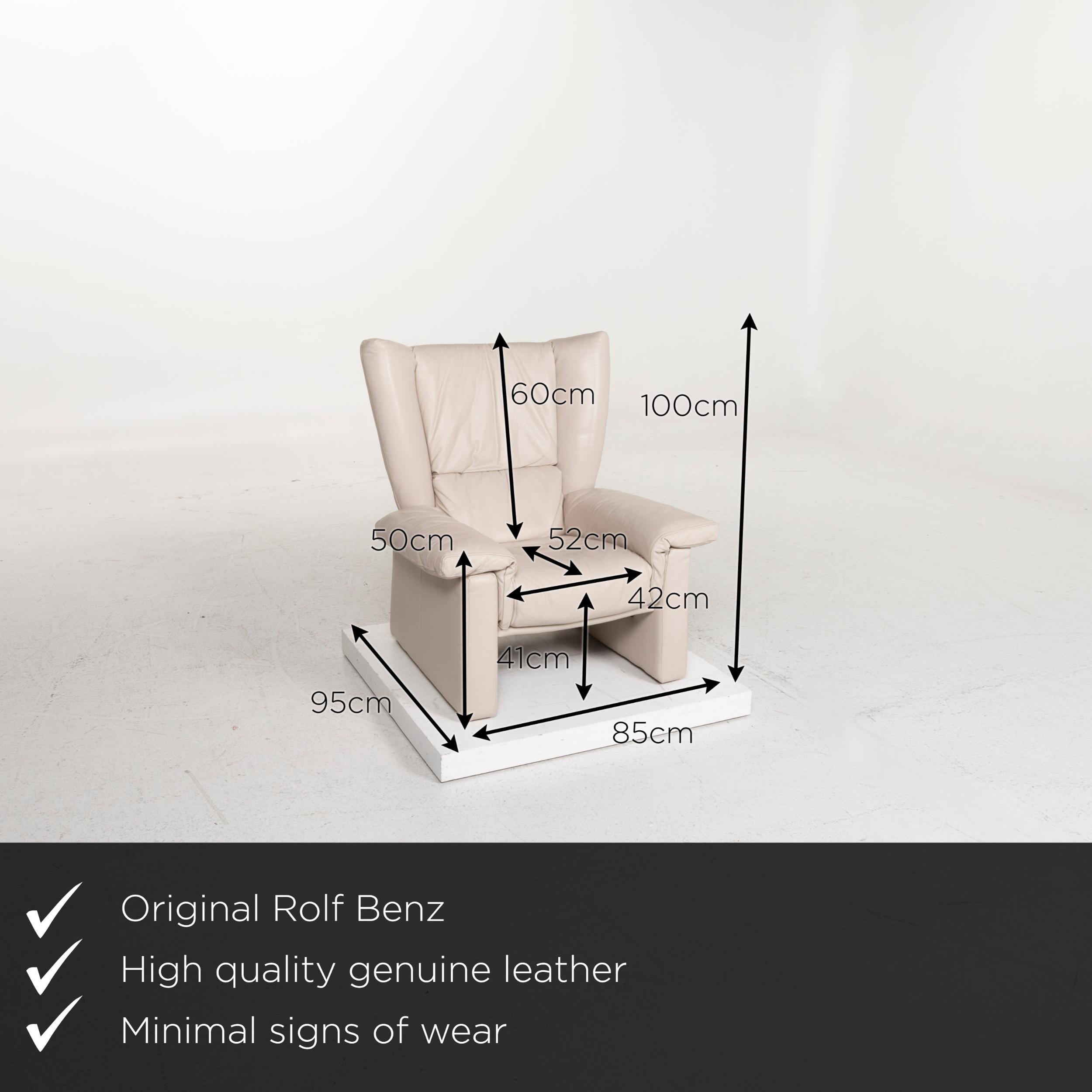 We present to you a Rolf Benz leather armchair gray.


 Product measurements in centimeters:
 

Depth 93
Width 85
Height 100
Seat height 41
Rest height 50
Seat depth 52
Seat width 42
Back height 60.

 