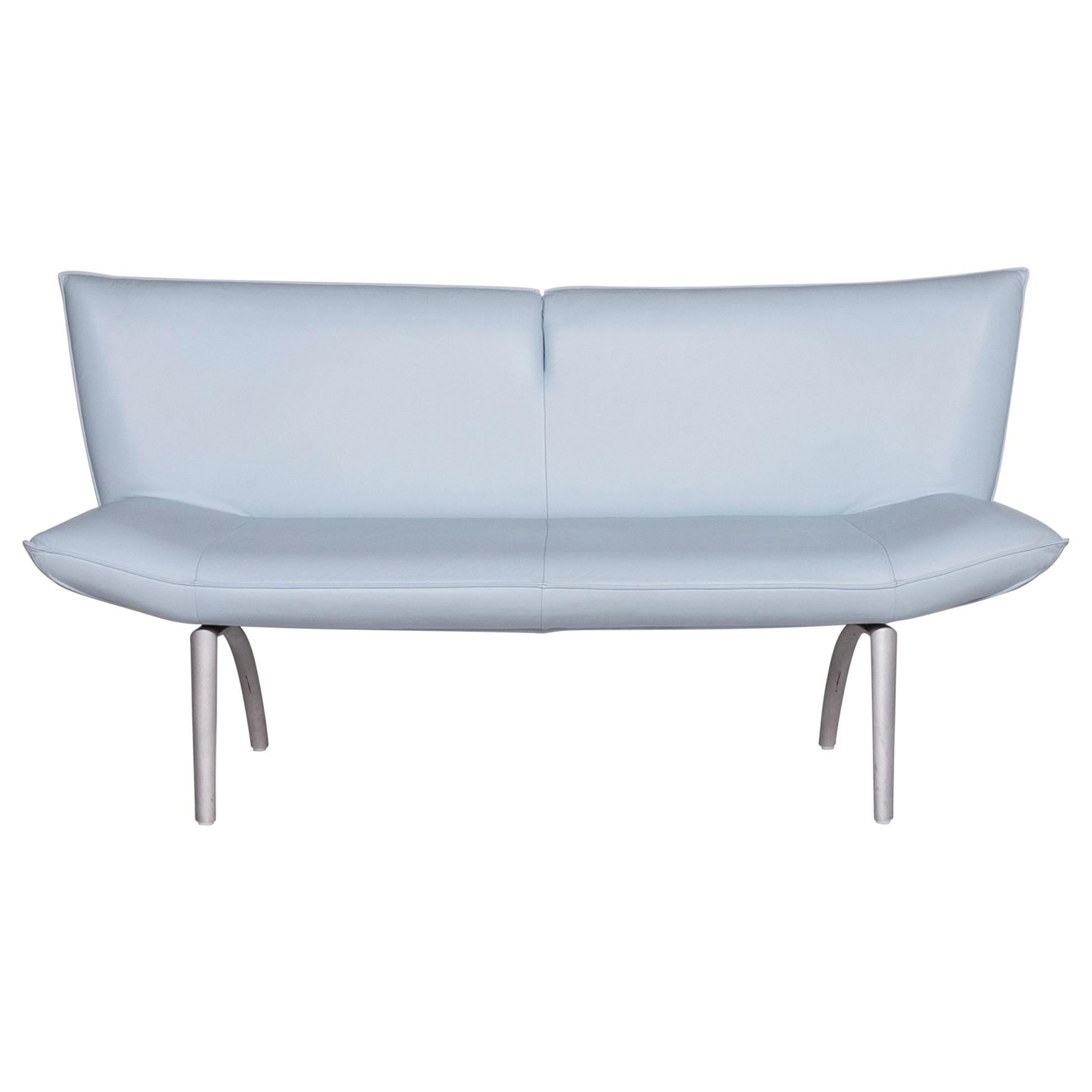 Rolf Benz Leather Bench Blue Light Blue Two-Seat Dining Bench