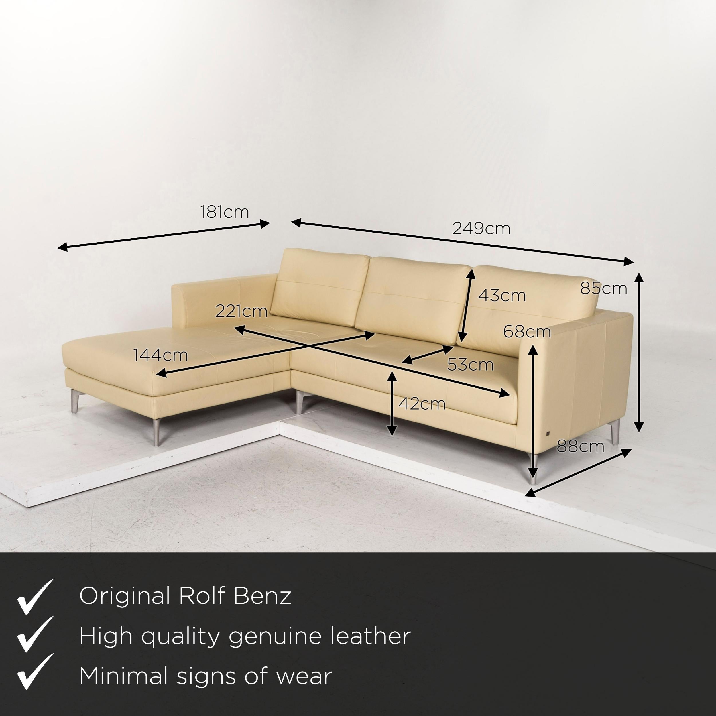 We present to you a Rolf Benz leather corner sofa yellow light yellow sofa couch.

 

 Product measurements in centimeters:
 

Depth 88
Width 181
Height 85
Seat height 42
Rest height 68
Seat depth 144
Seat width 221
Back height 43.