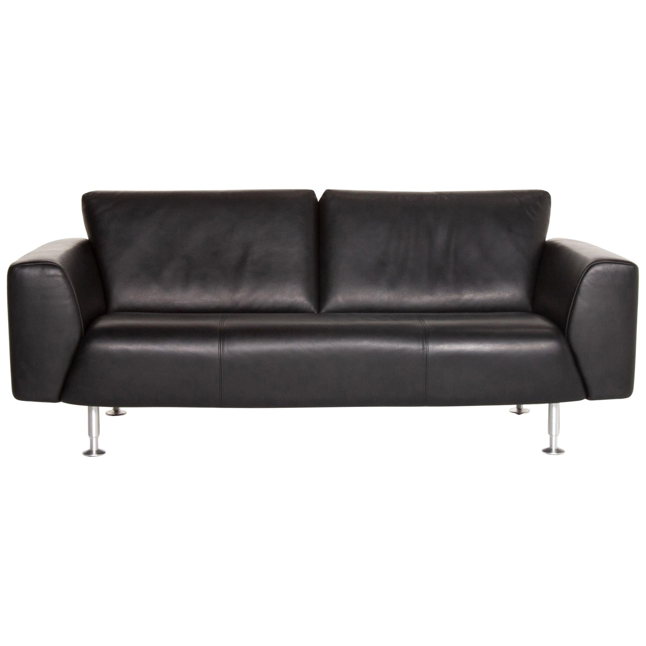 Rolf Benz Leather Sofa Black Three-Seat Couch For Sale