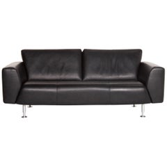 Rolf Benz Leather Sofa Black Three-Seat Couch