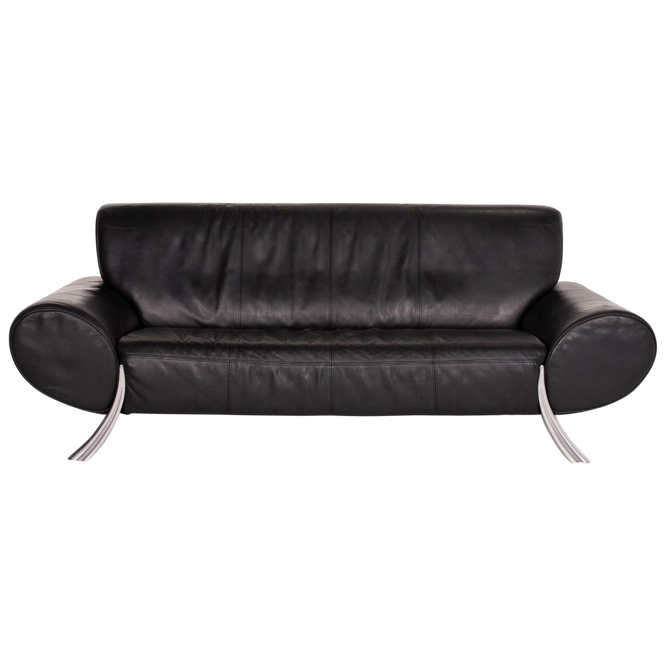 Rolf Benz Leather Sofa Black Three-Seat Couch For Sale