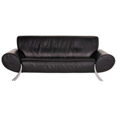Rolf Benz Leather Sofa Black Three-Seat Couch