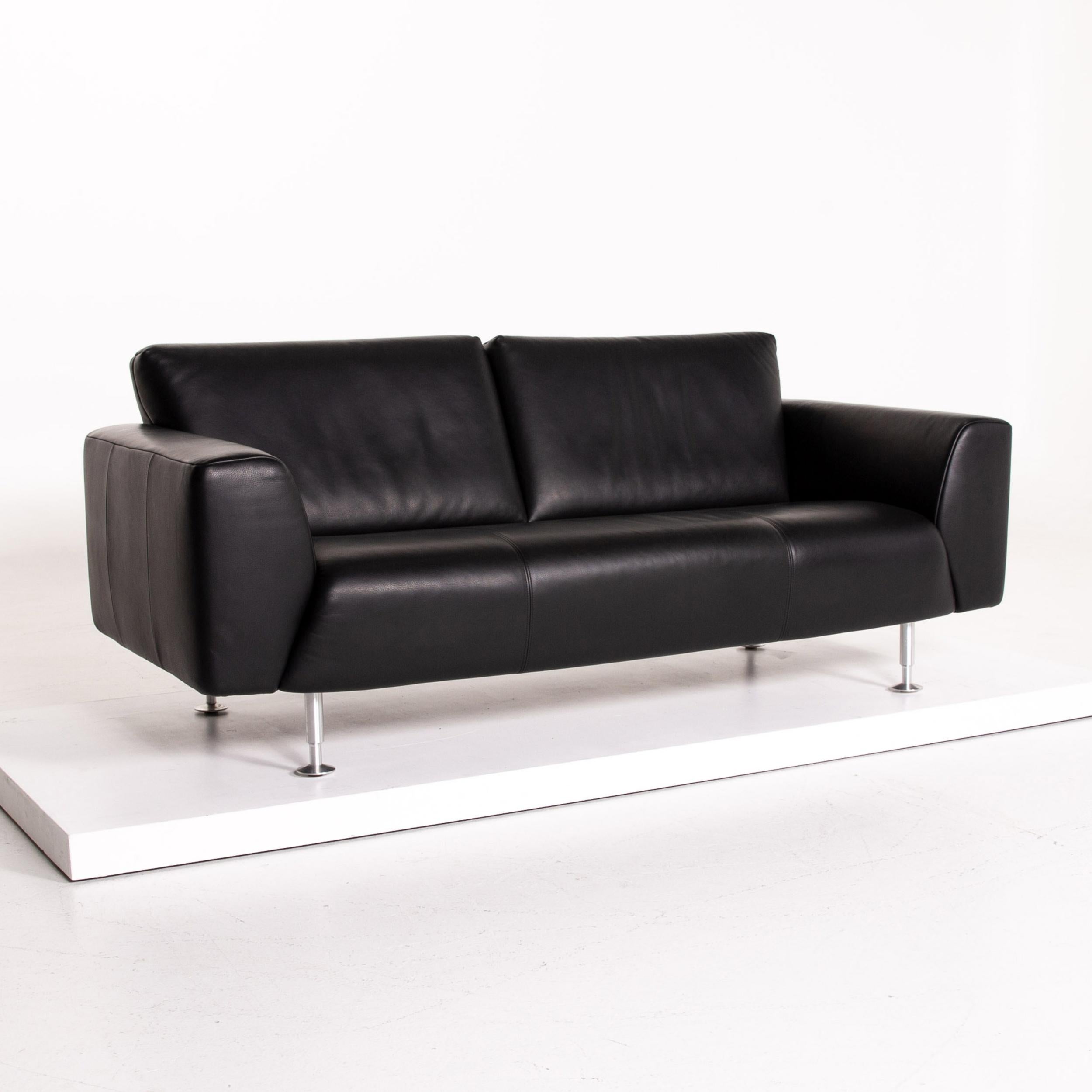 Contemporary Rolf Benz Leather Sofa Black Three-Seat Couch For Sale