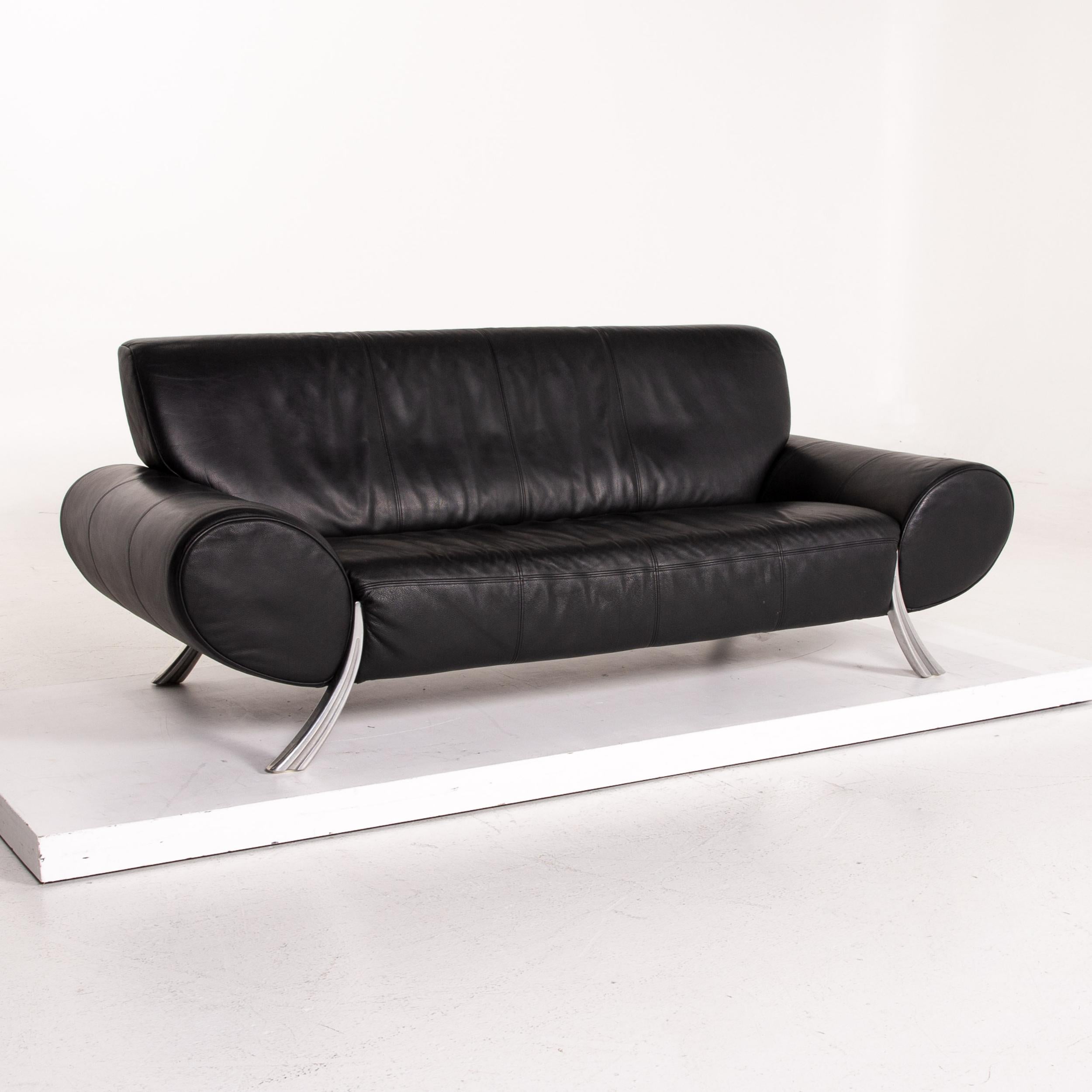 Contemporary Rolf Benz Leather Sofa Black Three-Seat Couch For Sale