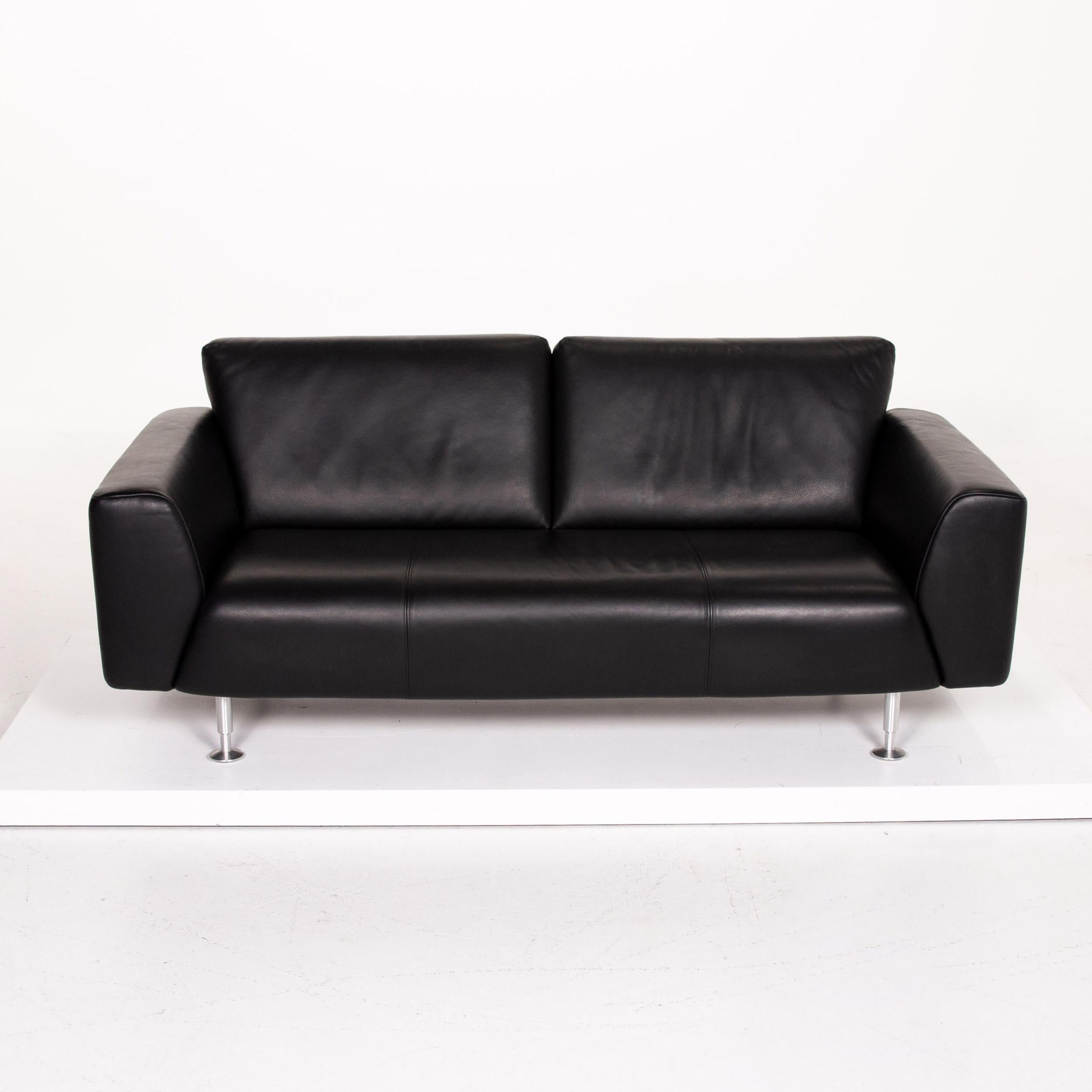 Rolf Benz Leather Sofa Black Three-Seat Couch For Sale 1