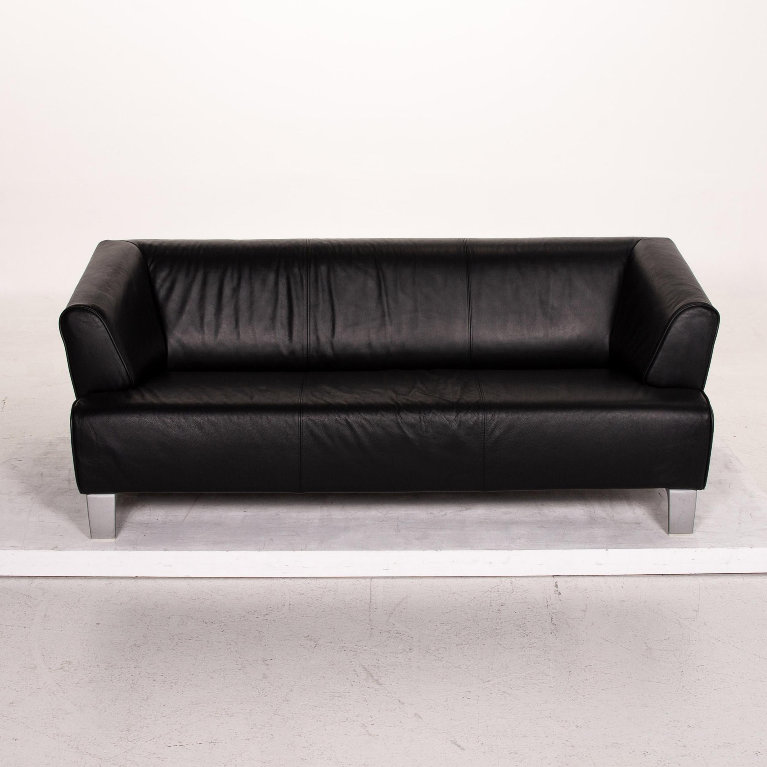 Rolf Benz Leather Sofa Black Two-Seat Couch For Sale 1