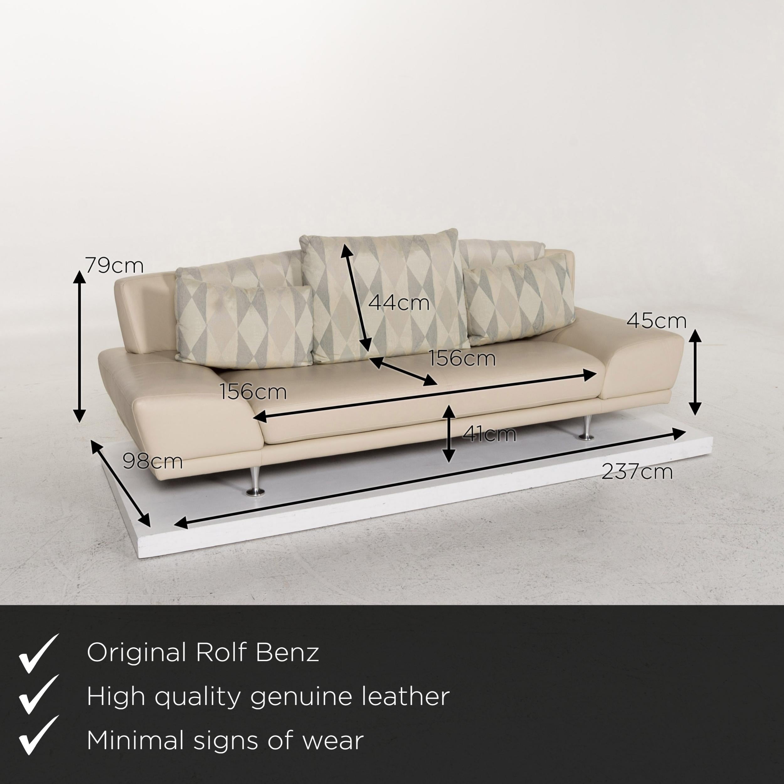 We present to you a Rolf Benz leather sofa cream three-seat couch.

 

 Product measurements in centimeters:
 

Depth 98
Width 237
Height 79
Seat height 41
Rest height 45
Seat depth 48
Seat width 156
Back height 44.
  