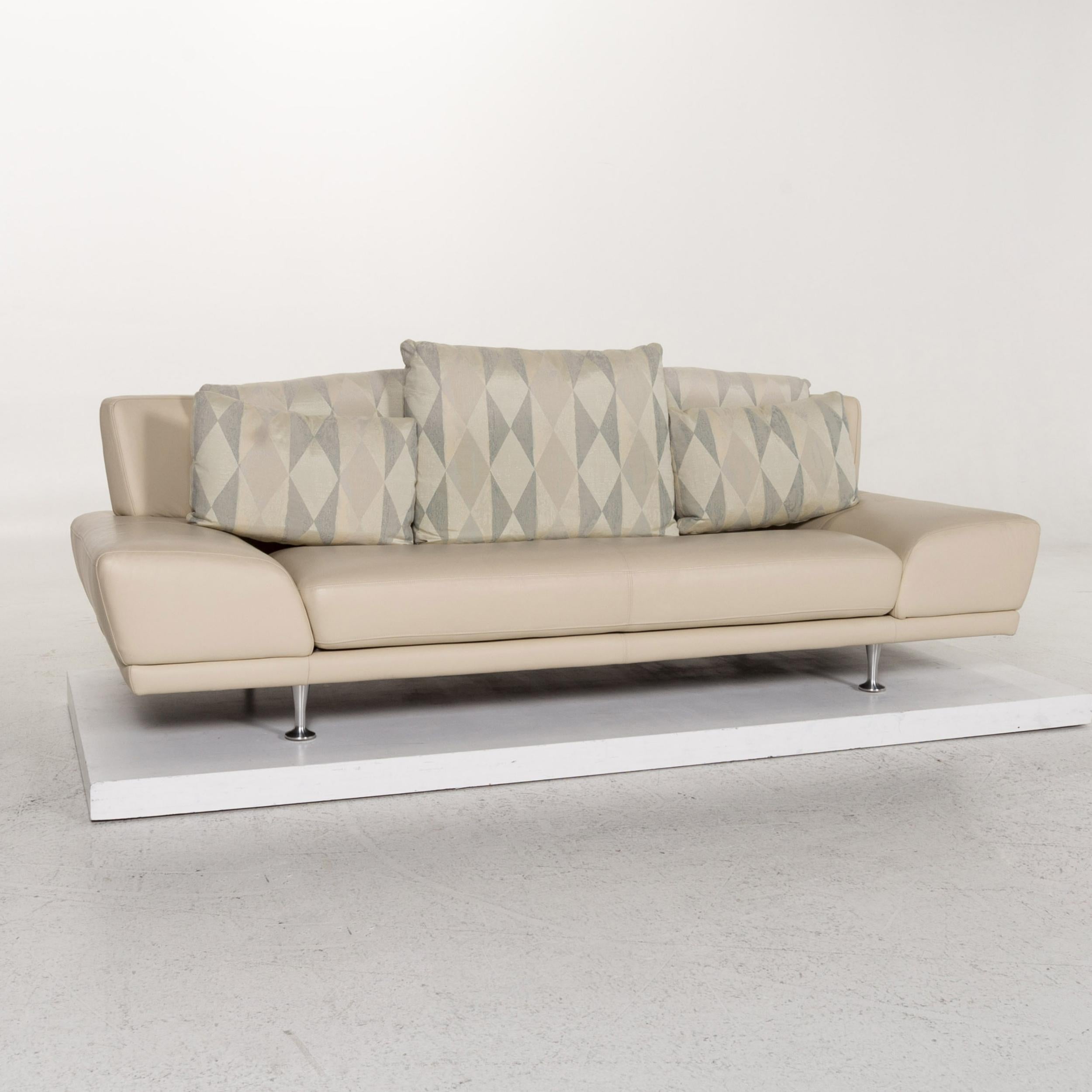 Contemporary Rolf Benz Leather Sofa Cream Three-Seat Couch For Sale