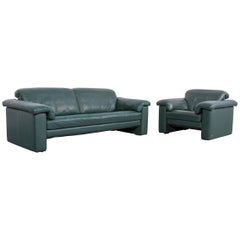 Rolf Benz Leather Sofa Set Green Three-Seat and Armchair