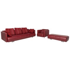 Rolf Benz Leather Sofa Set Red 1 Three-Seat 1 Armchair 1 Stool