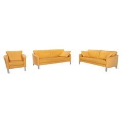Rolf Benz Leather Sofa Set Yellow 1 Three-Seat, 1 Two-Seat, 1 Armchair