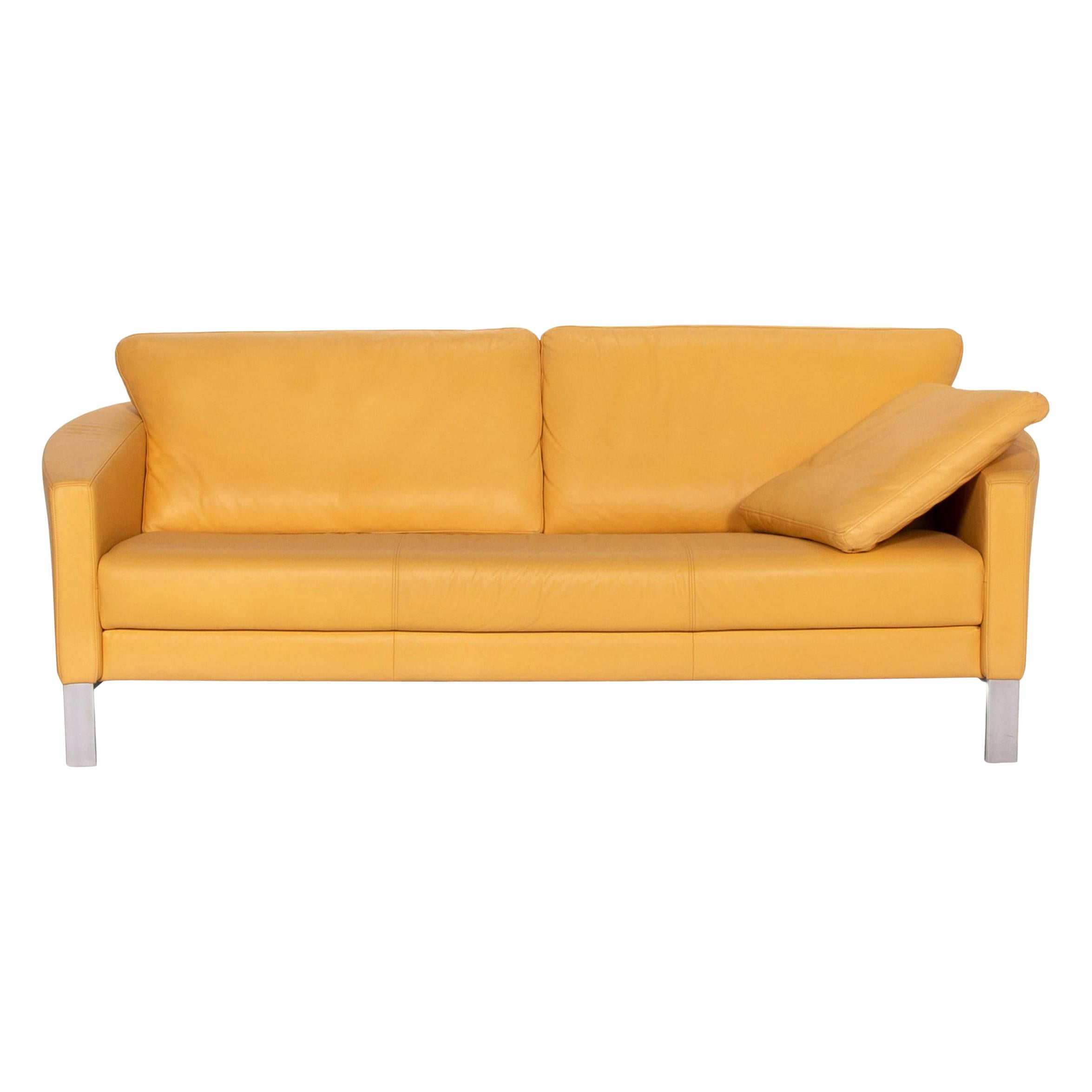 Rolf Benz Leather Sofa Yellow Three-Seat Couch For Sale