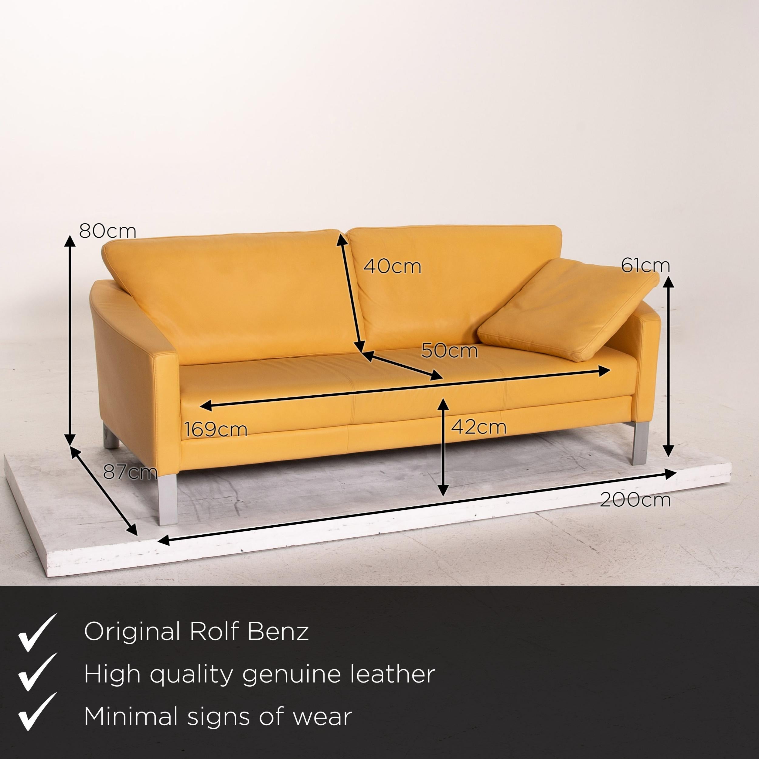 We present to you a Rolf Benz leather sofa yellow three-seat couch.

Product measurements in centimeters:

Depth 87
Width 200
Height 80
Seat height 42
Rest height 61
Seat depth 50
Seat width 169
Back height 40.
 
 
  