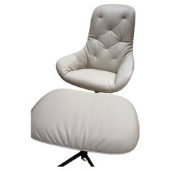 Rolf Benz 'Meg' Swiveling Armchair with Tilt and Footstool in Off White Leather