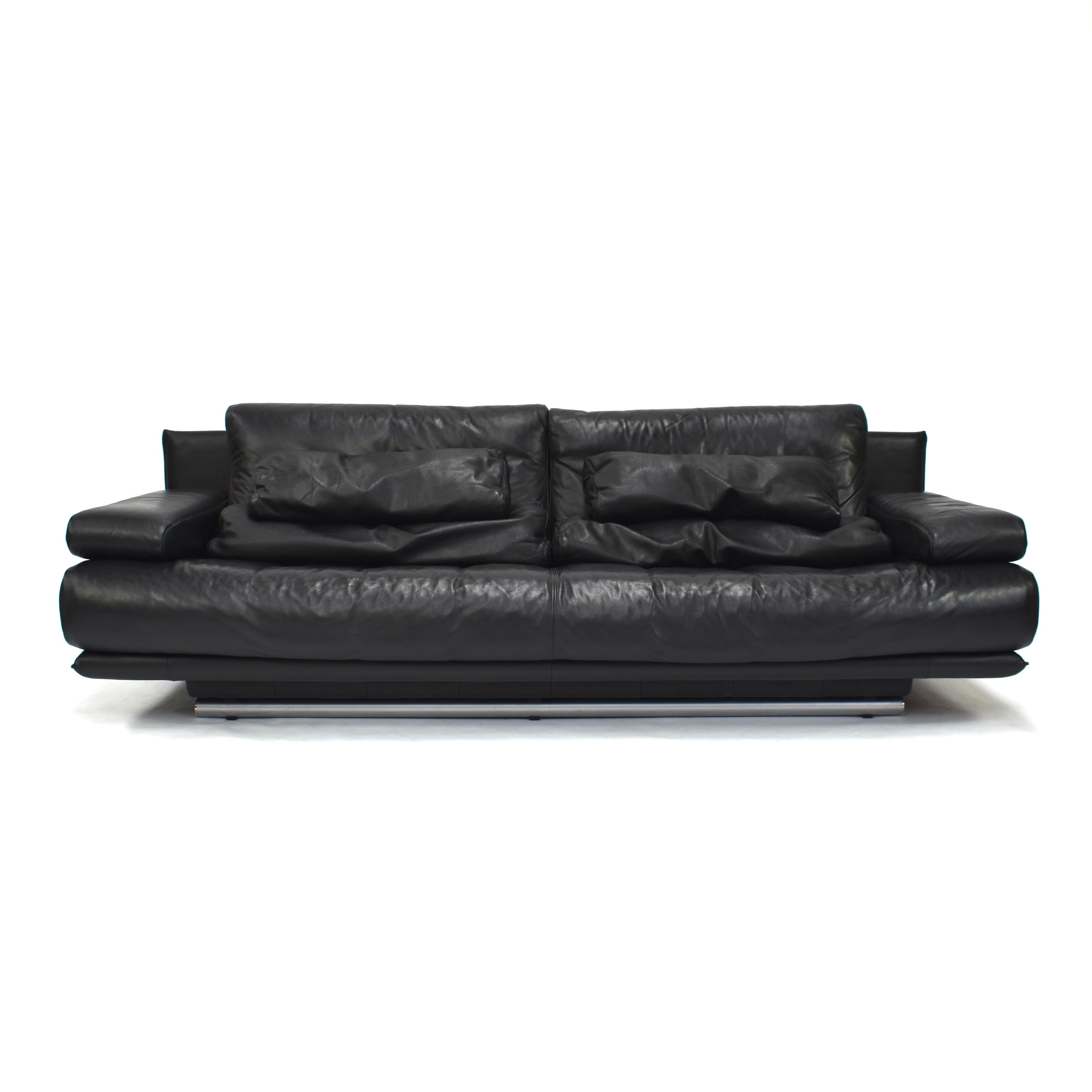Aluminum Rolf Benz Model 6500 Sofa in Black Leather by Mathias Hoffmann
