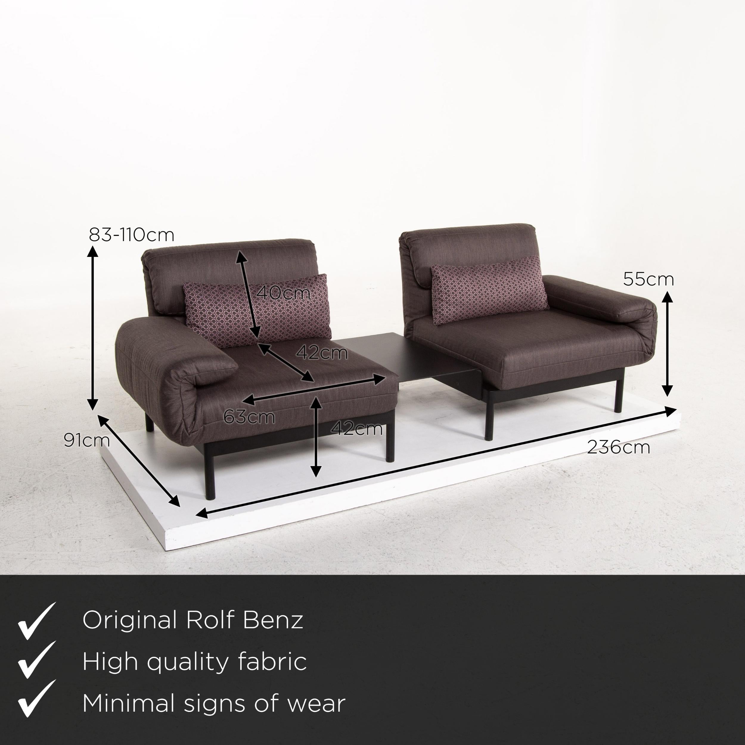 We present to you a Rolf Benz Plura fabric sofa anthracite taupe relax function sofa bed sleep.
 


 Product measurements in centimeters:
 

Depth 91
Width 236
Height 83
Seat height 42
Rest height 55
Seat depth 42
Seat width 63
Back