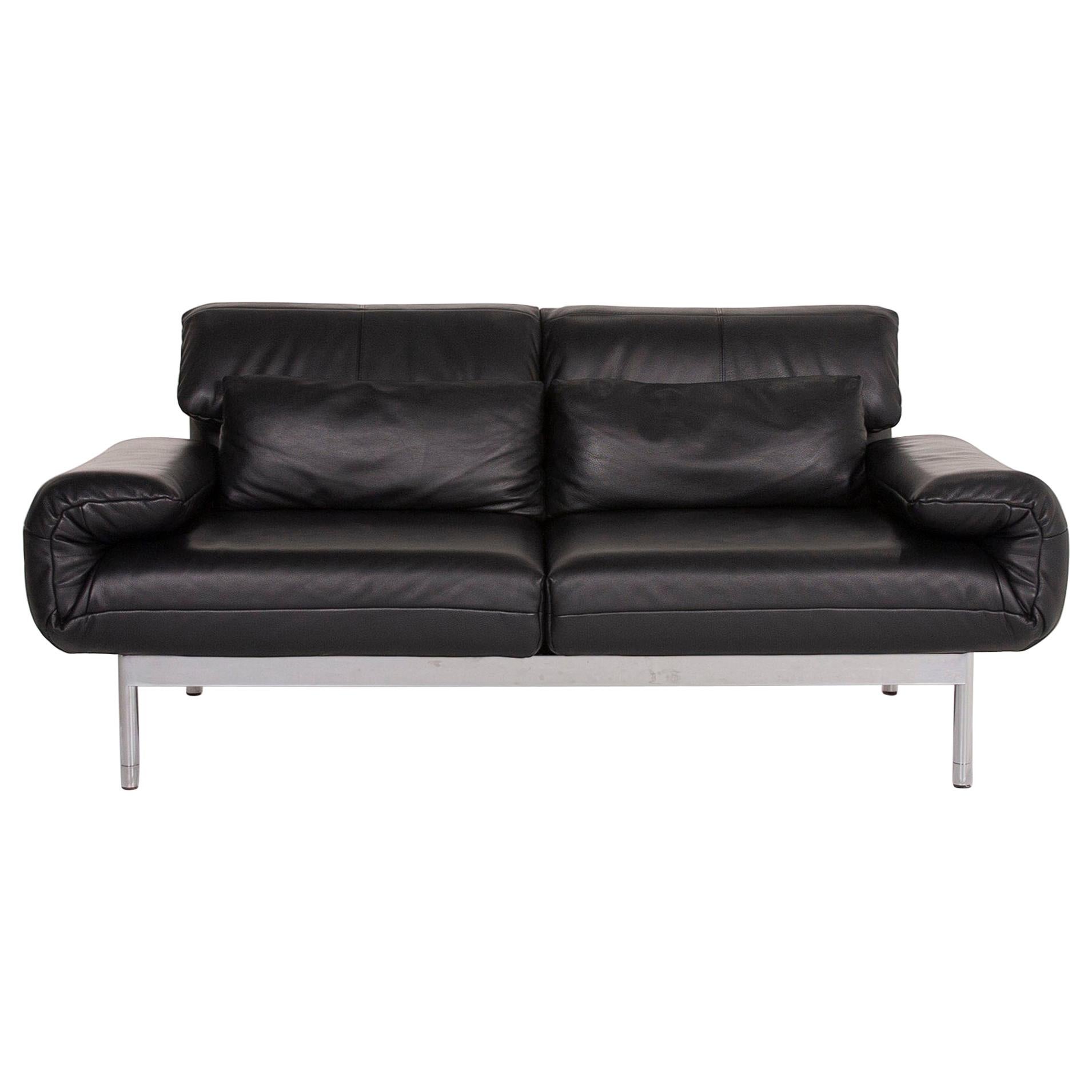 Rolf Benz Plura Leather Sofa Black Two-Seat Function Relax Function Couch For Sale