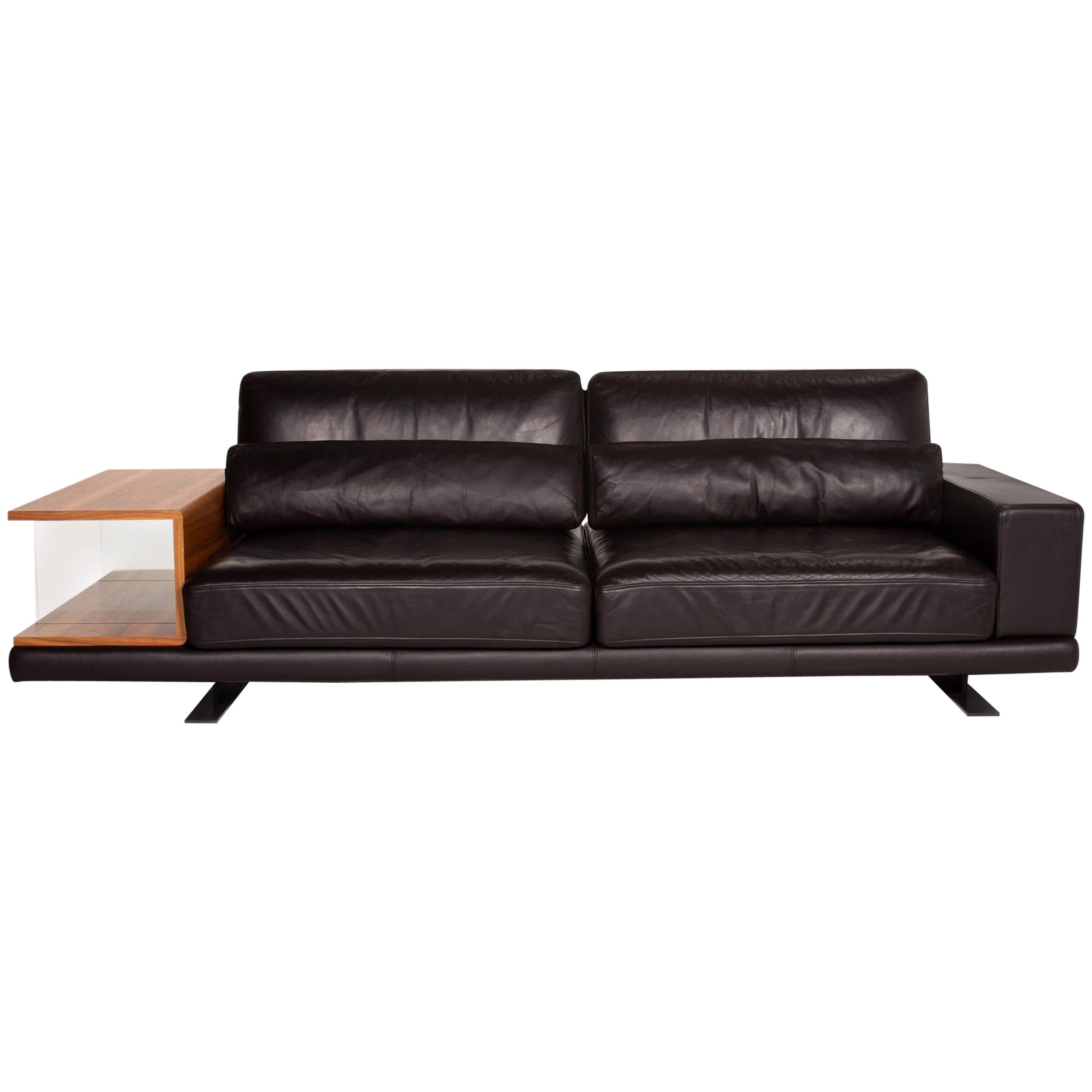 Rolf Benz Vero Leather Sofa Brown Dark Brown Three-Seat Table Shelf For Sale