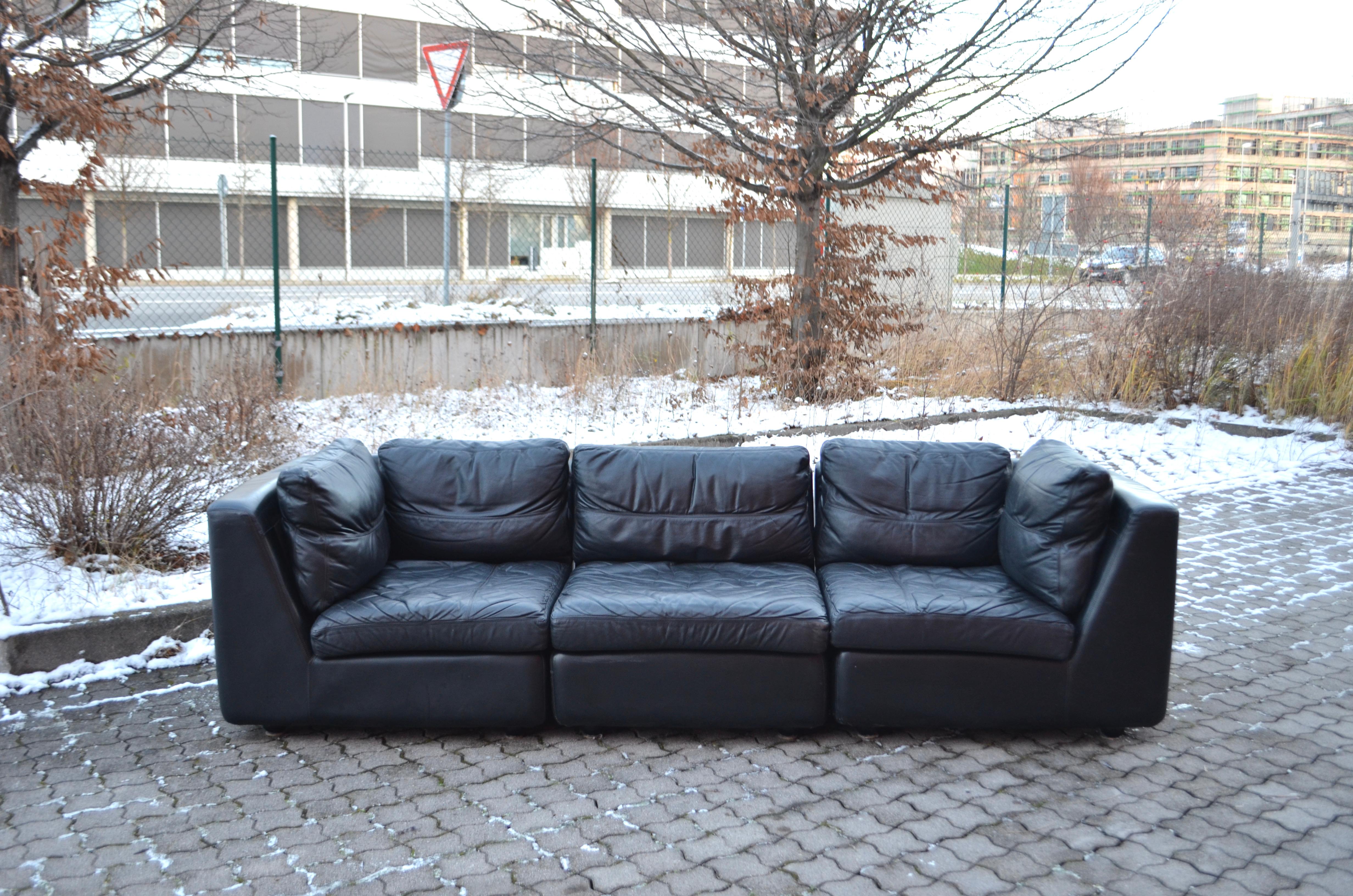 Modern Rolf Benz Vintage Modular Black Leather Lounge Sofa, Germany, 1970
