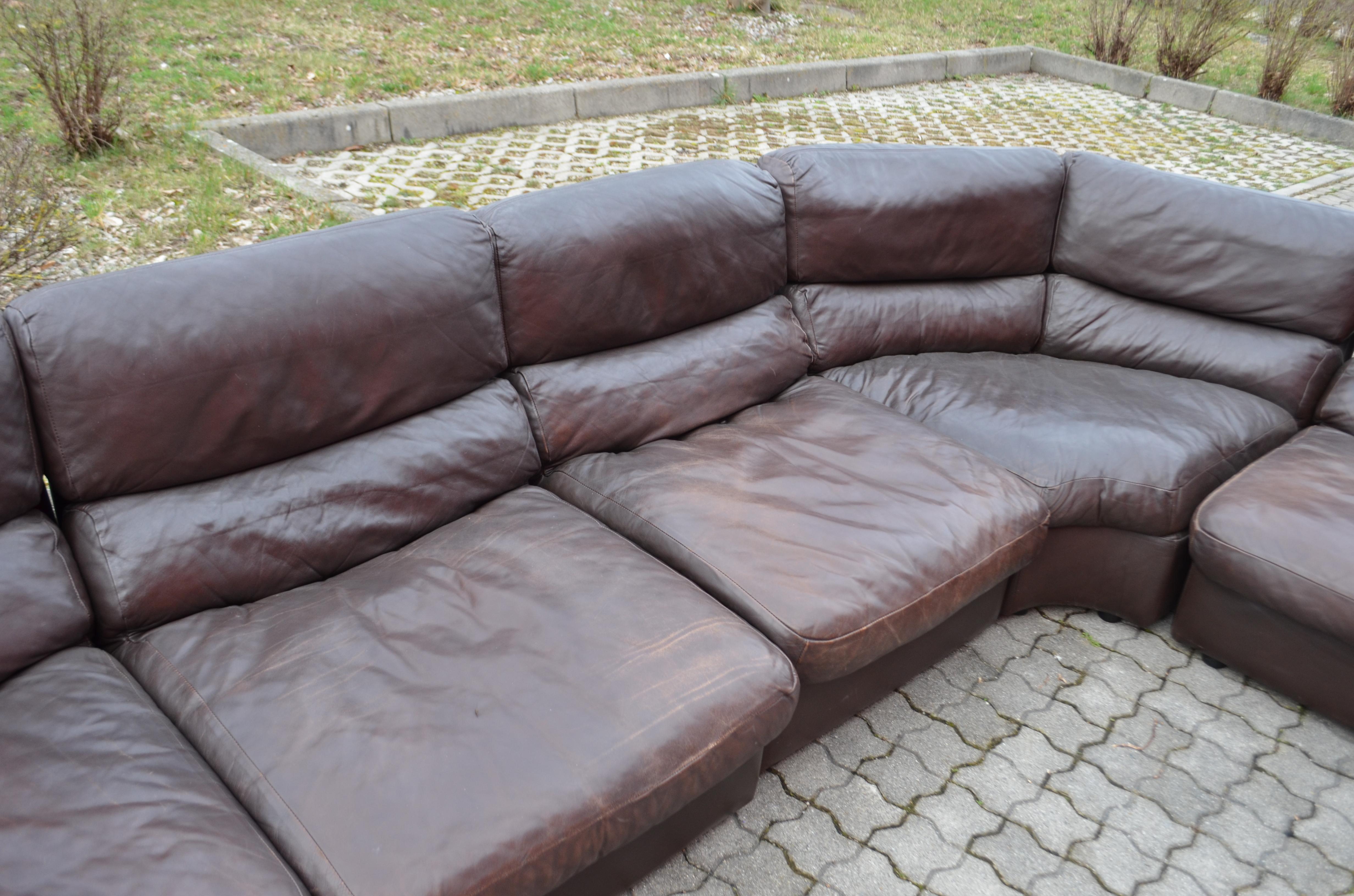 Late 20th Century Rolf Benz Vintage Modular Brown Leather Lounge Sofa, Germany, 1970