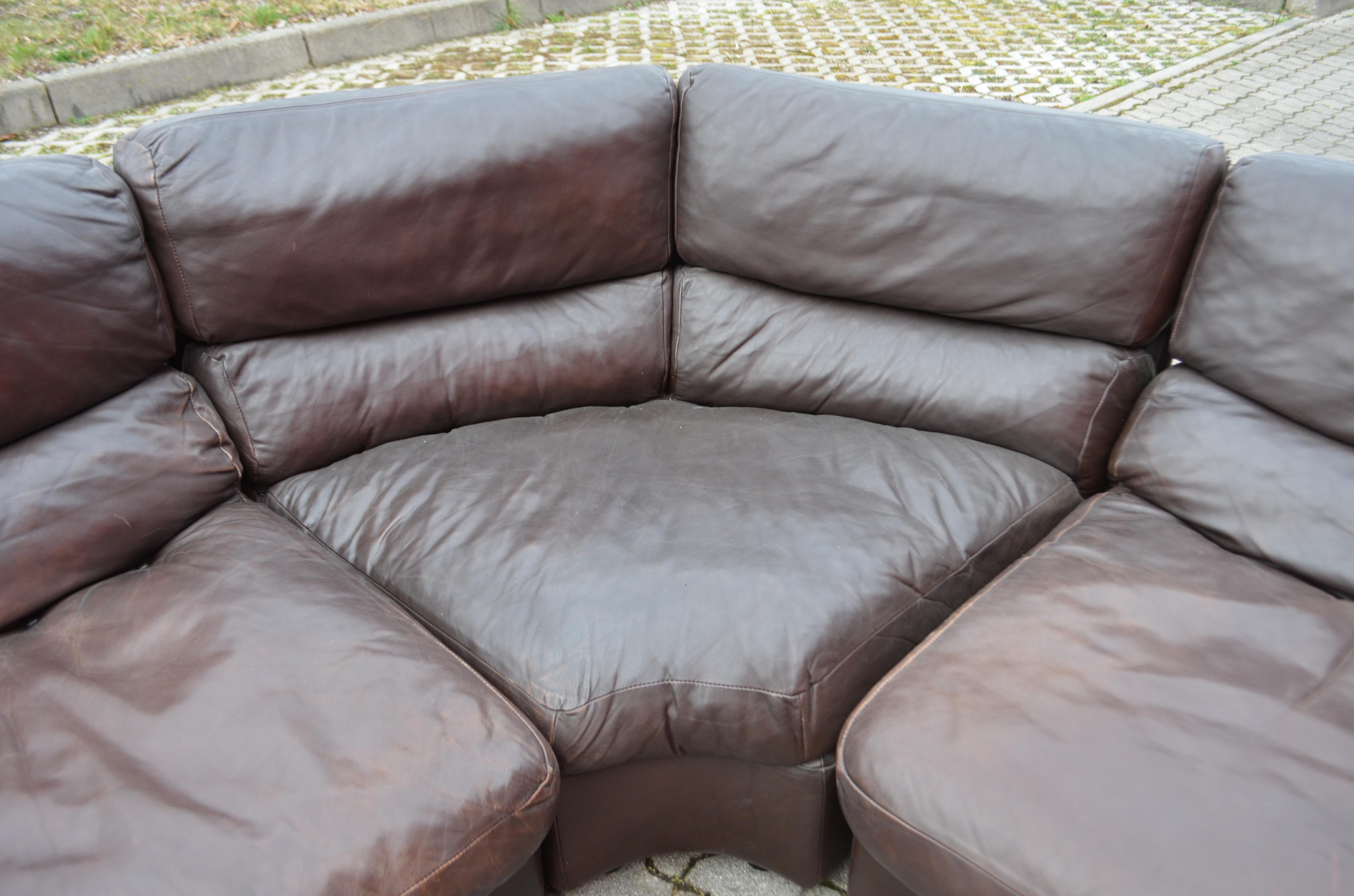 Late 20th Century Rolf Benz Vintage Modular Brown Leather Lounge Sofa, Germany, 1970