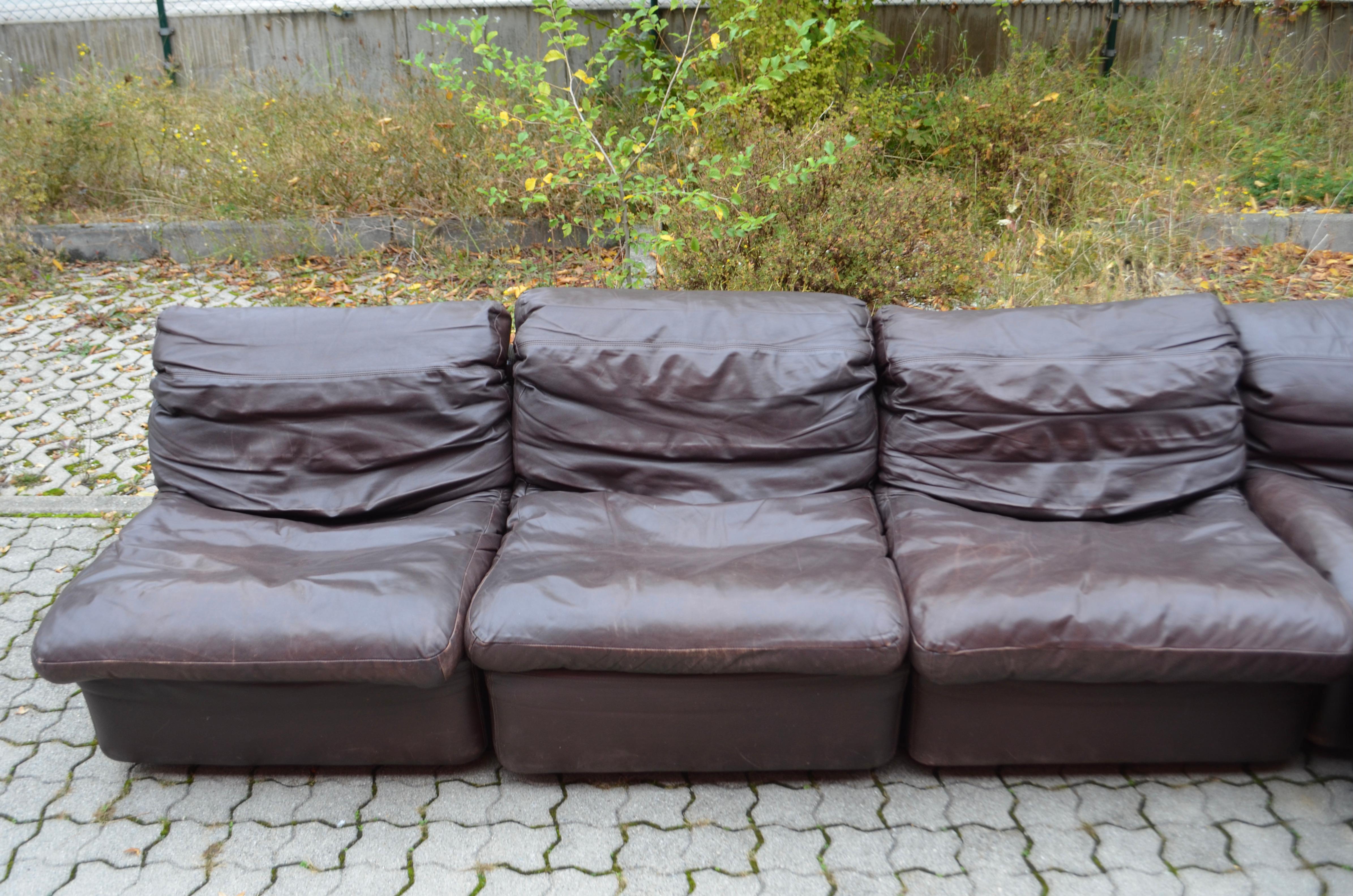 Late 20th Century Rolf Benz Vintage Modular Brown Leather Lounge Sofa, Germany, 1970 For Sale