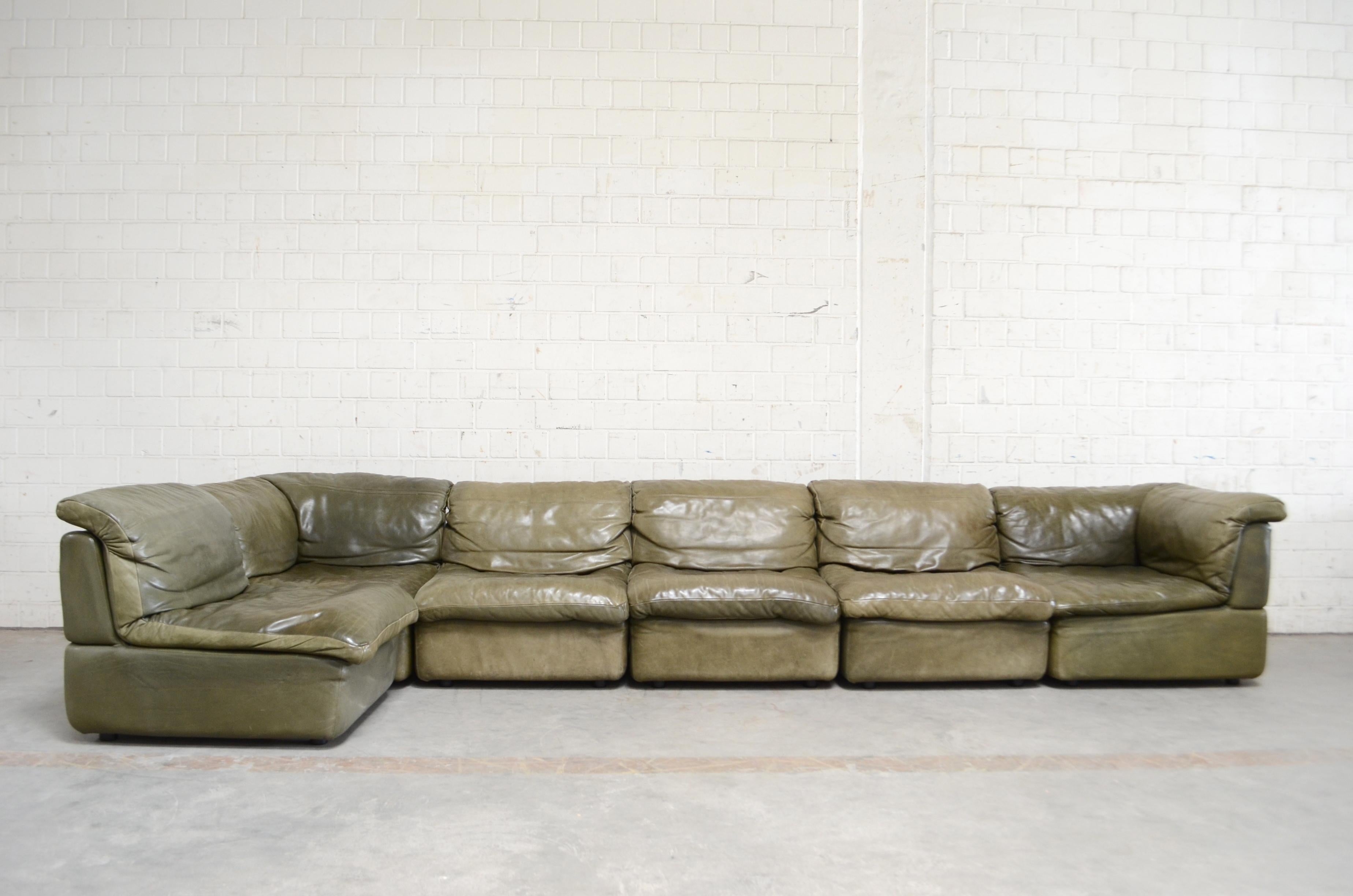 Modern Rolf Benz Vintage Modular Green Leather Lounge Sofa, Germany, 1970