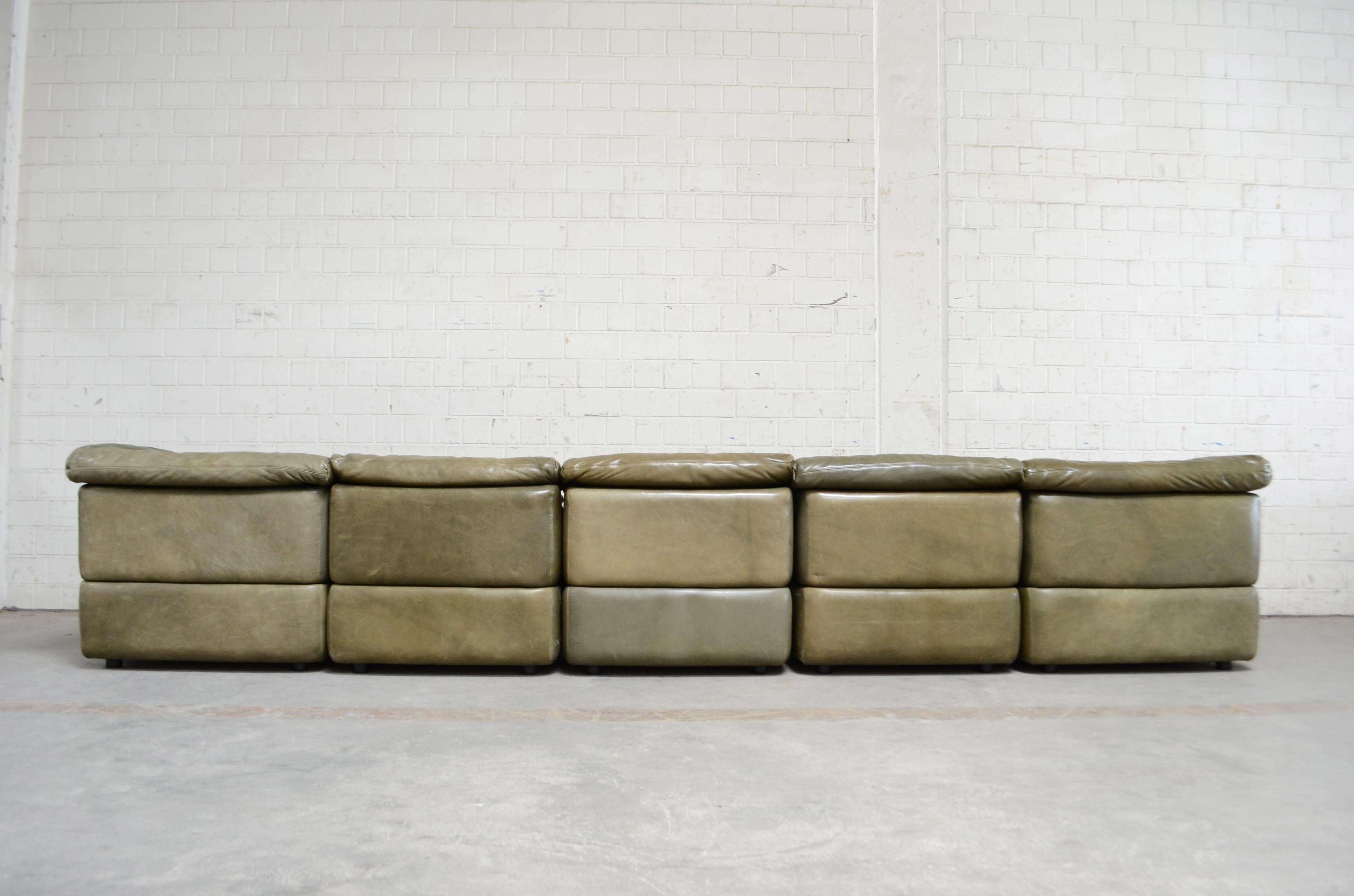 Late 20th Century Rolf Benz Vintage Modular Green Leather Lounge Sofa, Germany, 1970
