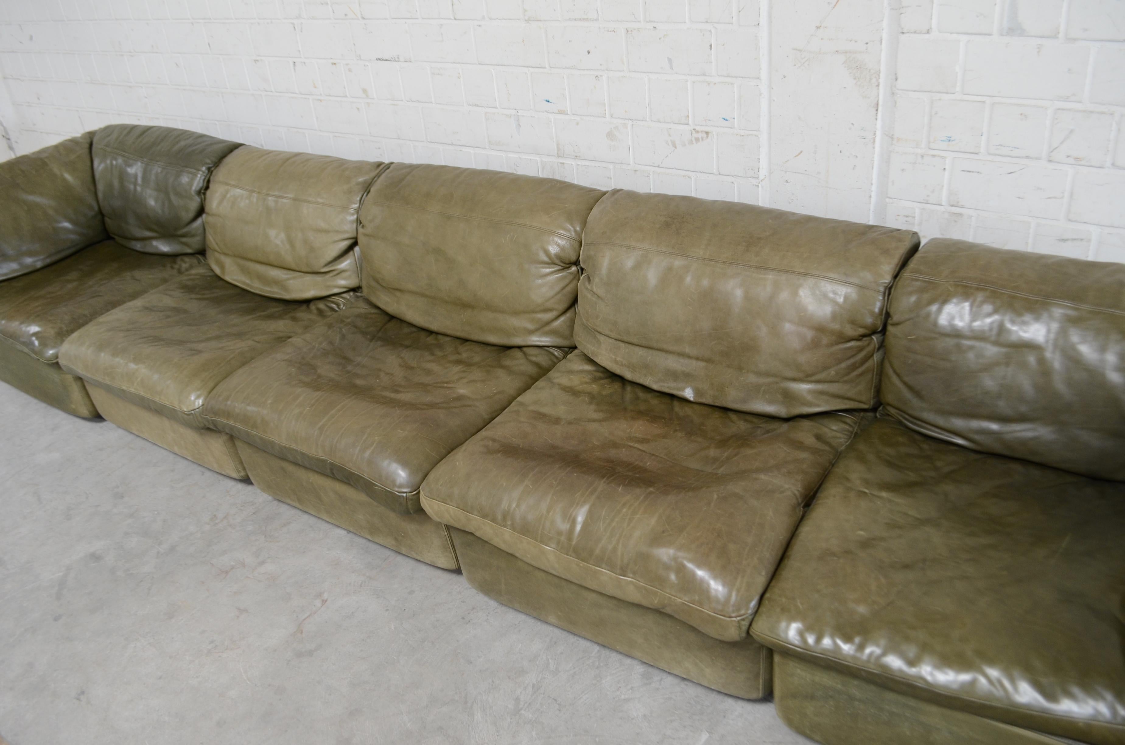 Upholstery Rolf Benz Vintage Modular Green Leather Lounge Sofa, Germany, 1970