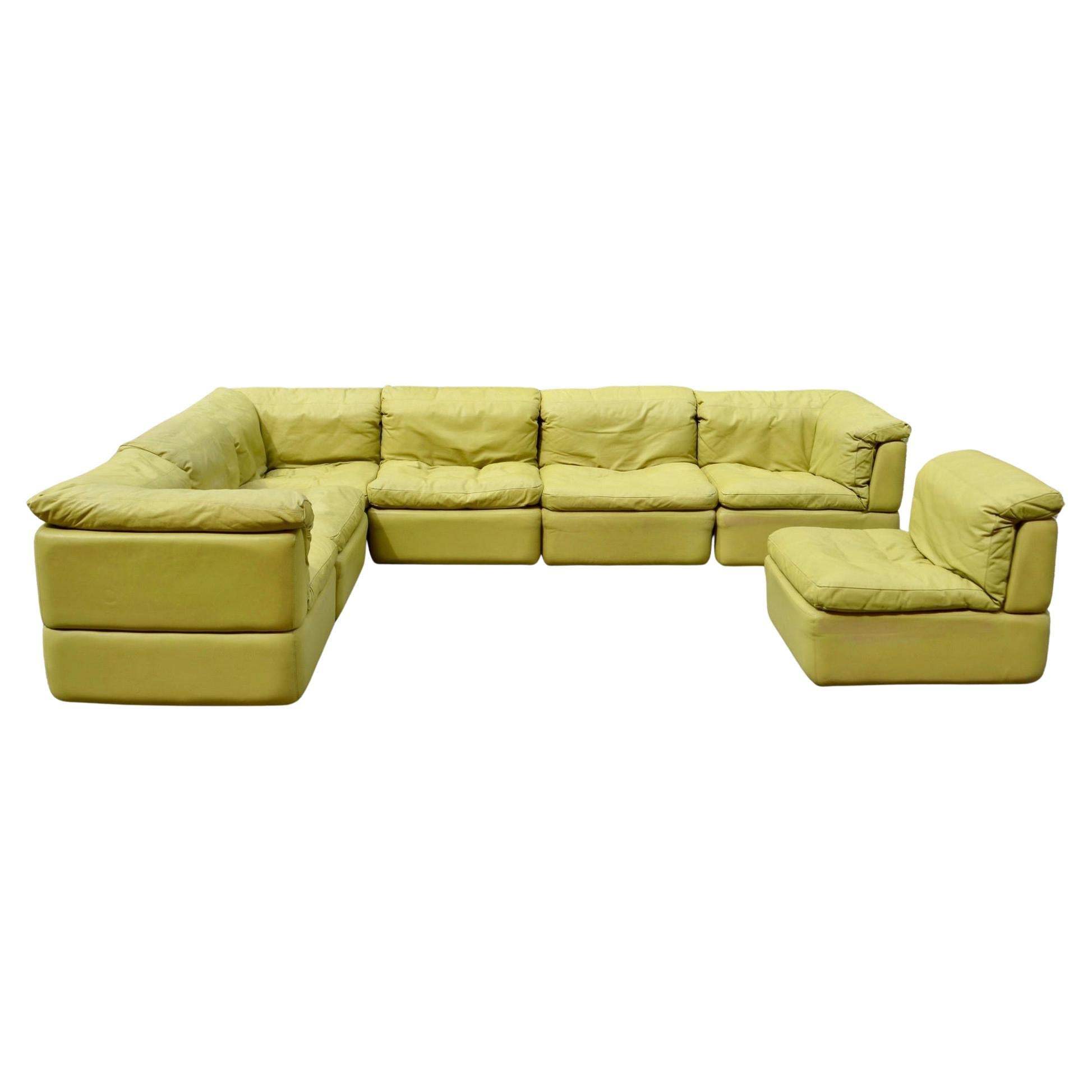 Rolf Benz Vintage Modular lime Green & brown Leather Lounge Sofa, Set of 2