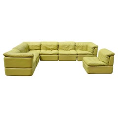 Rolf Benz Vintage Modular lime Green & brown Leather Lounge Sofa, Set of 2