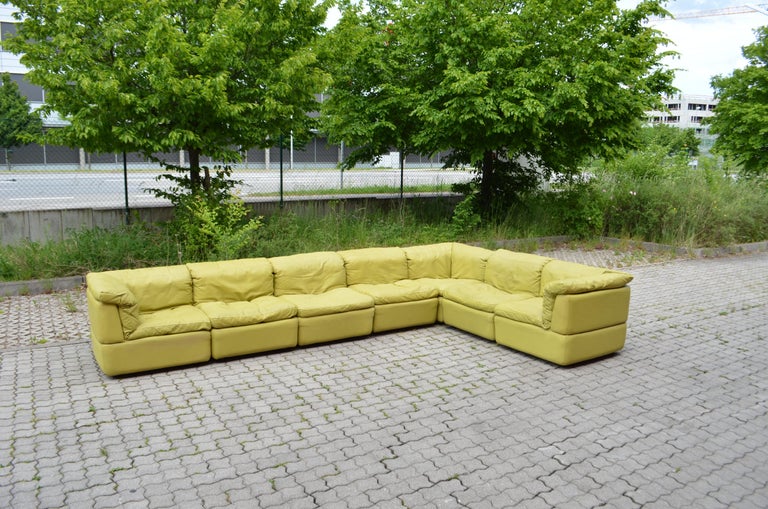 Rolf Benz Vintage Modular lime Green Leather Lounge Sofa, Germany, 1970