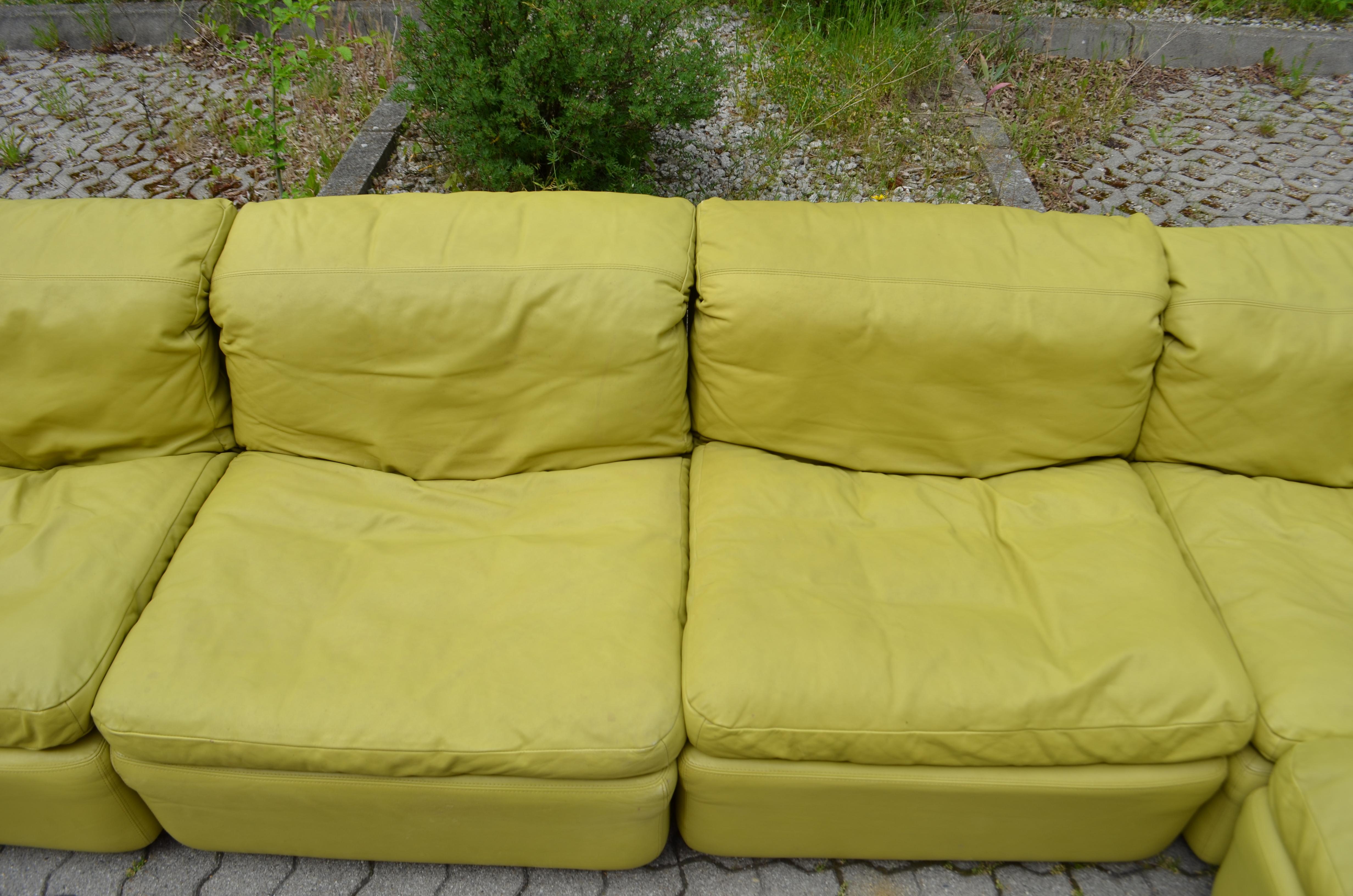 Late 20th Century Rolf Benz Vintage Modular lime Green Leather Lounge Sofa, Germany, 1970