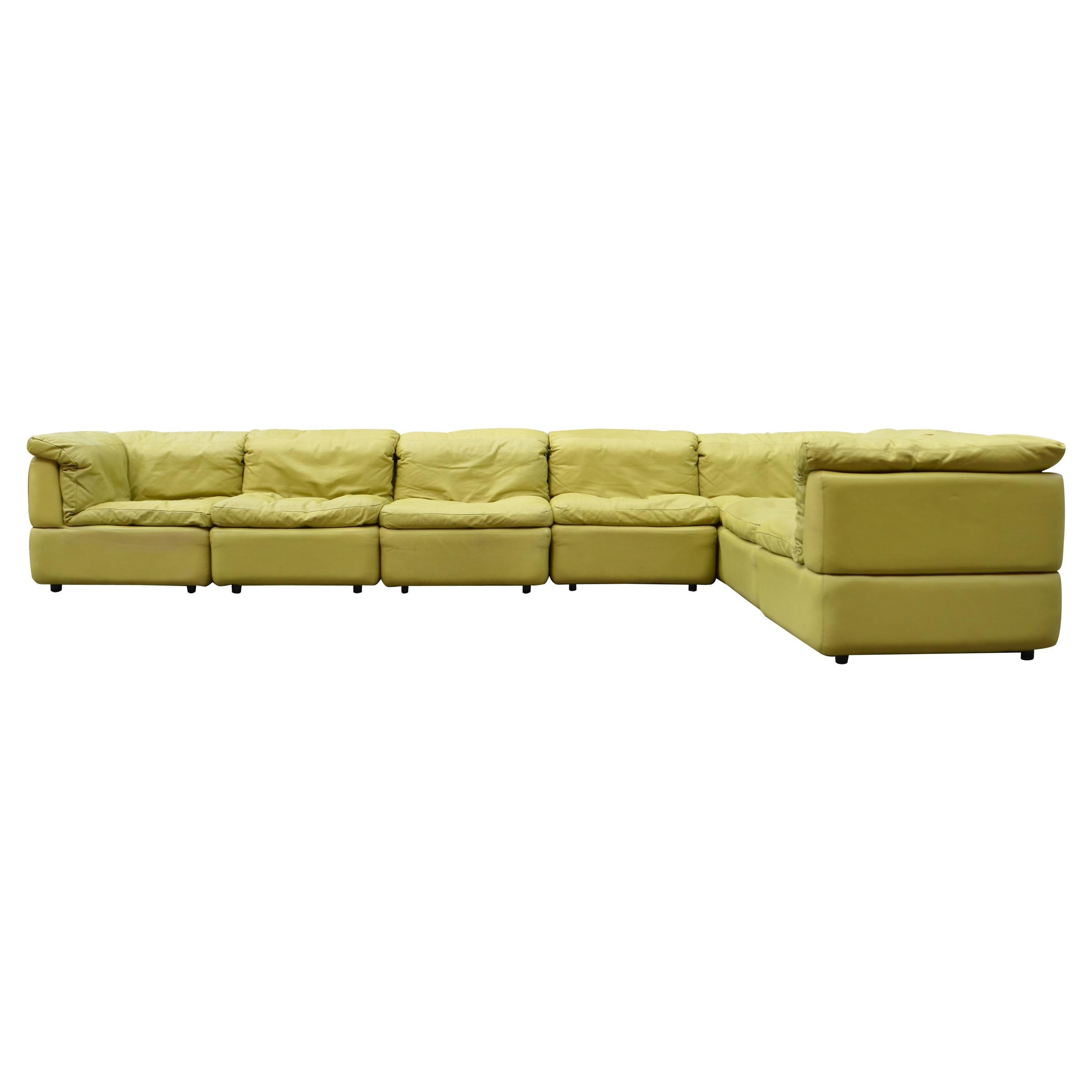 Rolf Benz Vintage Modular lime Green Leather Lounge Sofa, Germany, 1970