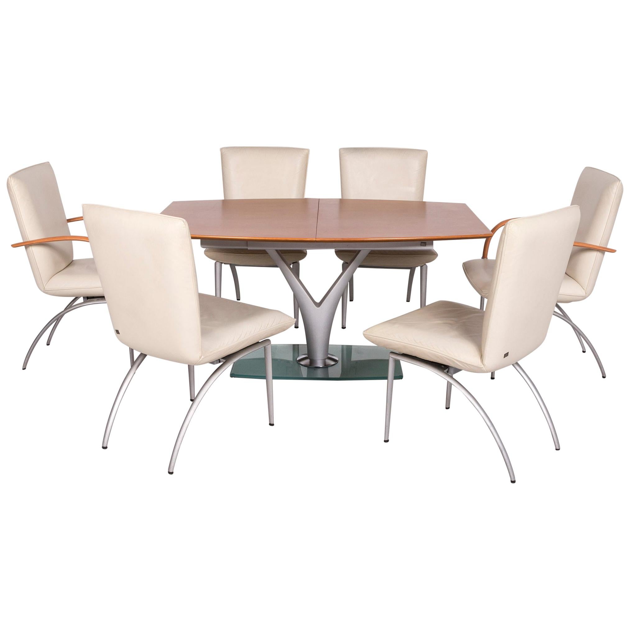 Rolf Benz Wood Glass Leather Dining Room Set Extendable 1 Table 6 Chair