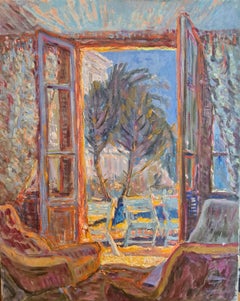 The French Windows. French Mid-Century Impressionist Oil on Canvas.
