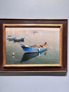 " Pêcheur à Giovinazzo" peinture à l'huile, style classique, paysage marin, pêcheur