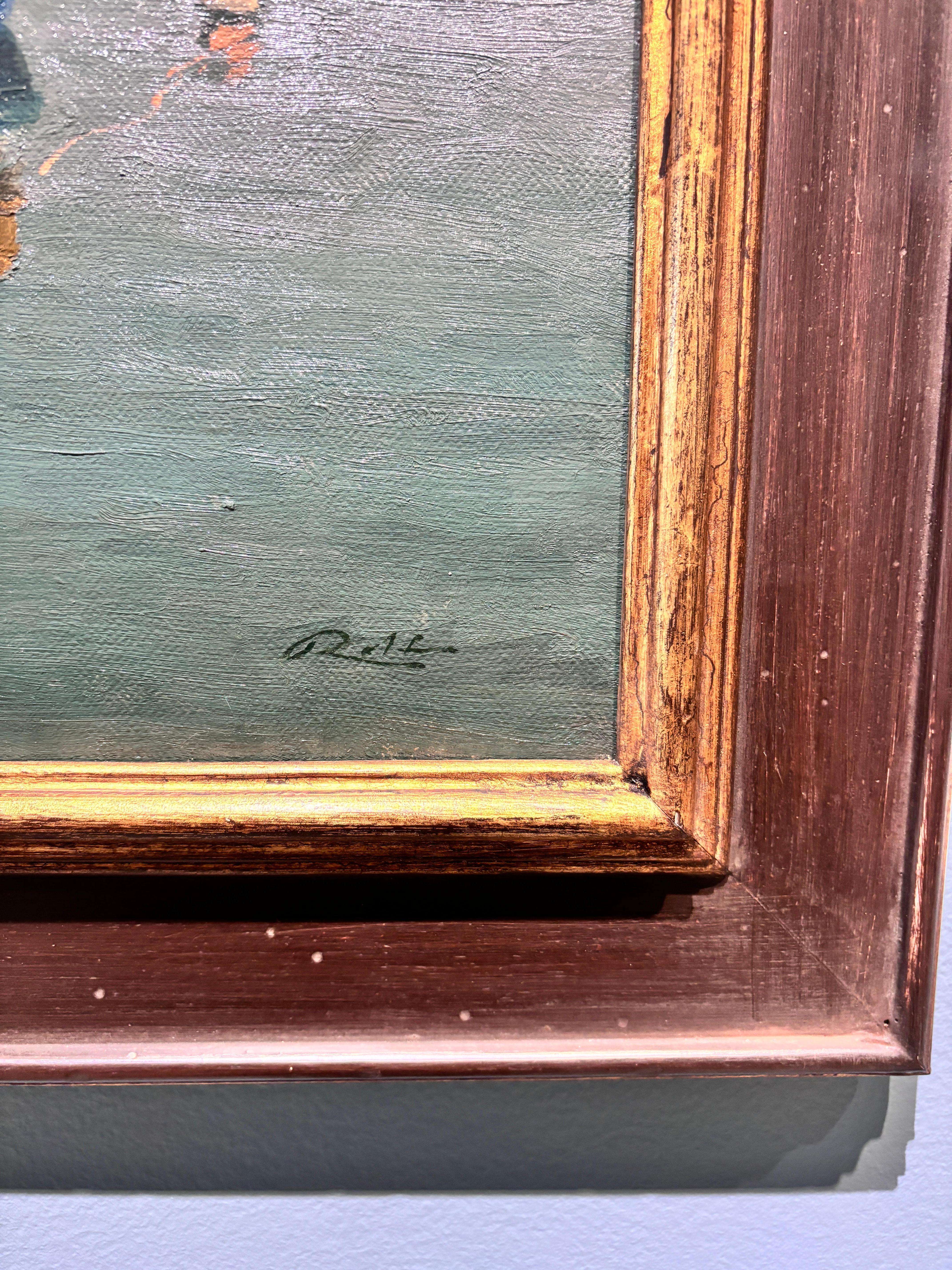 Ein Ölgemälde eines blauen Skiffs an seinem Liegeplatz. Am Heck des Bootes sitzt eine Gestalt, die sich um ihr Netz kümmert. 

Signiert vom Künstler 