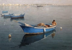" Pêcheur à Giovinazzo" peinture à l'huile, style classique, paysage marin, pêcheur