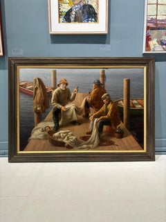 "Anticipation" contemporary realist painting of 3 fishermen on a dock, seaside