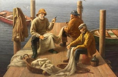 "Anticipazione" quadro realista contemporaneo di 3 pescatori su un molo, in riva al mare